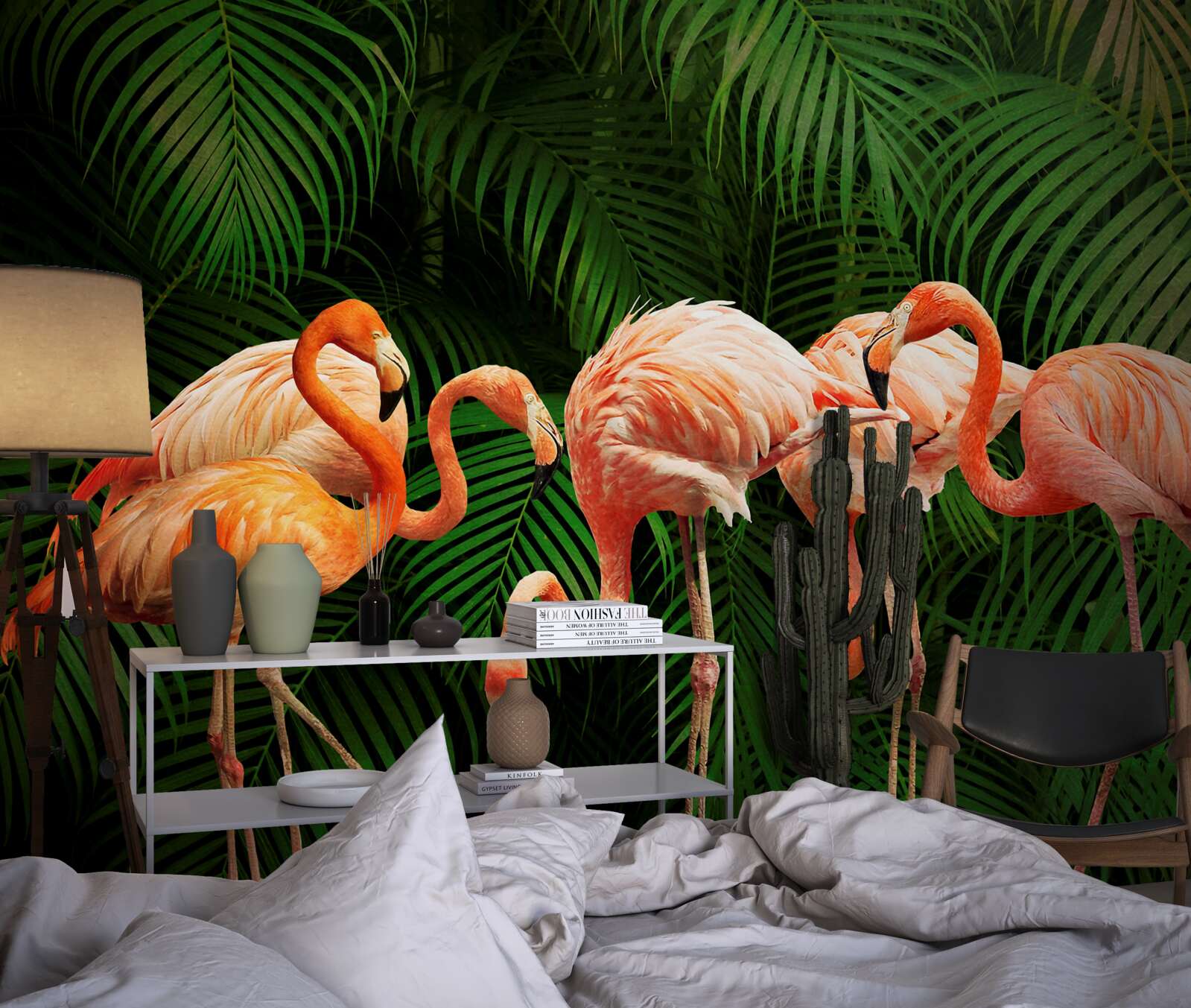 Fotobehang roze flamingo's in een bos met groene bomen