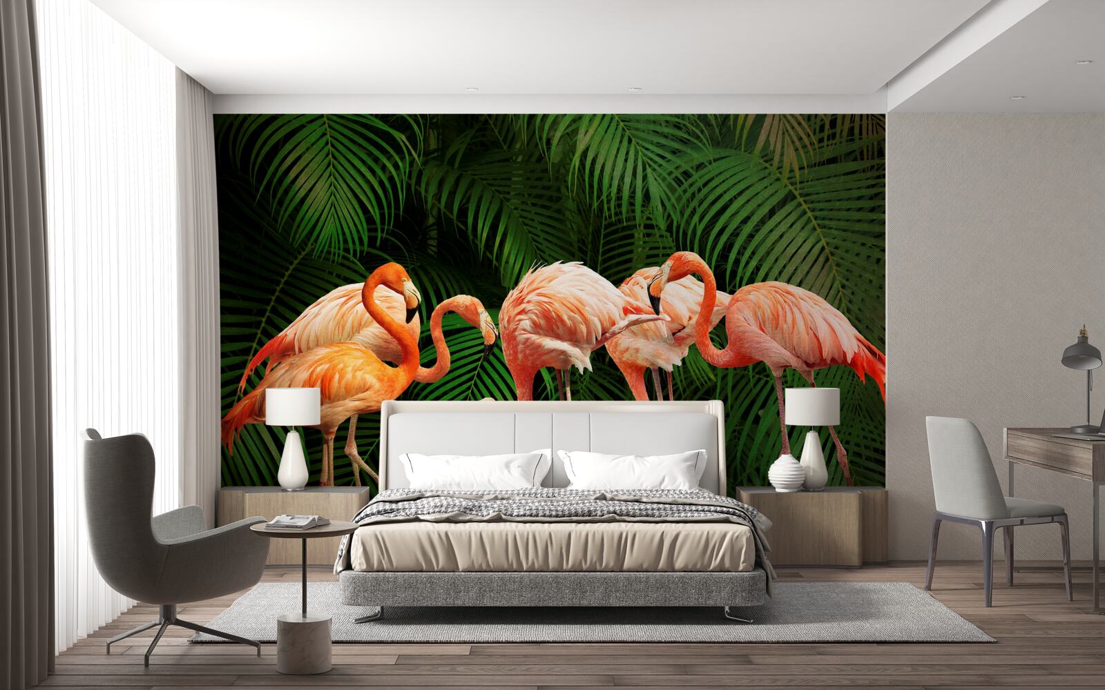 Fotobehang roze flamingo's in een bos met groene bomen