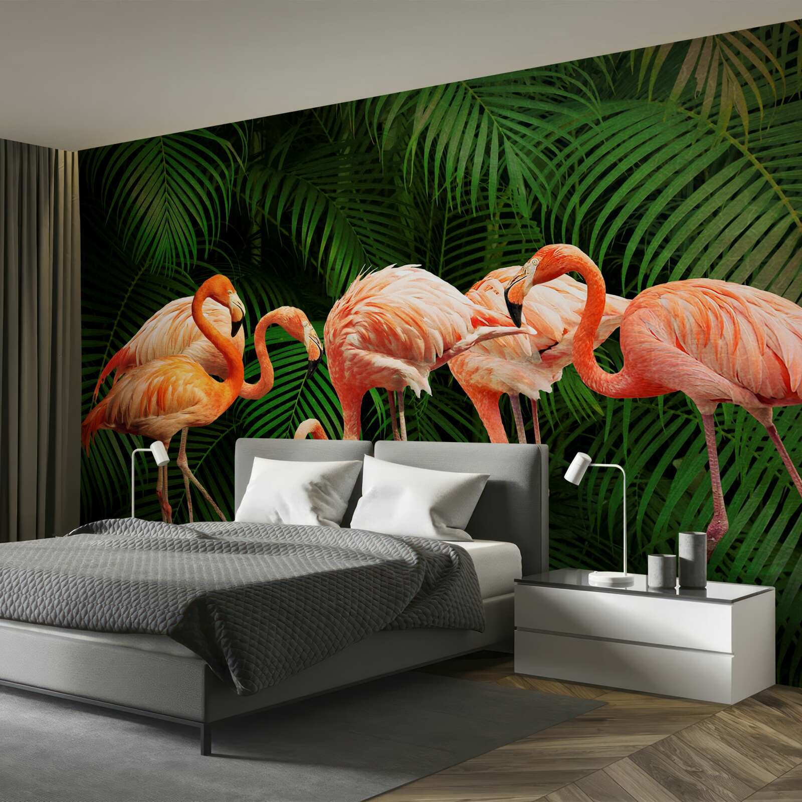 Fotobehang roze flamingo's in een bos met groene bomen