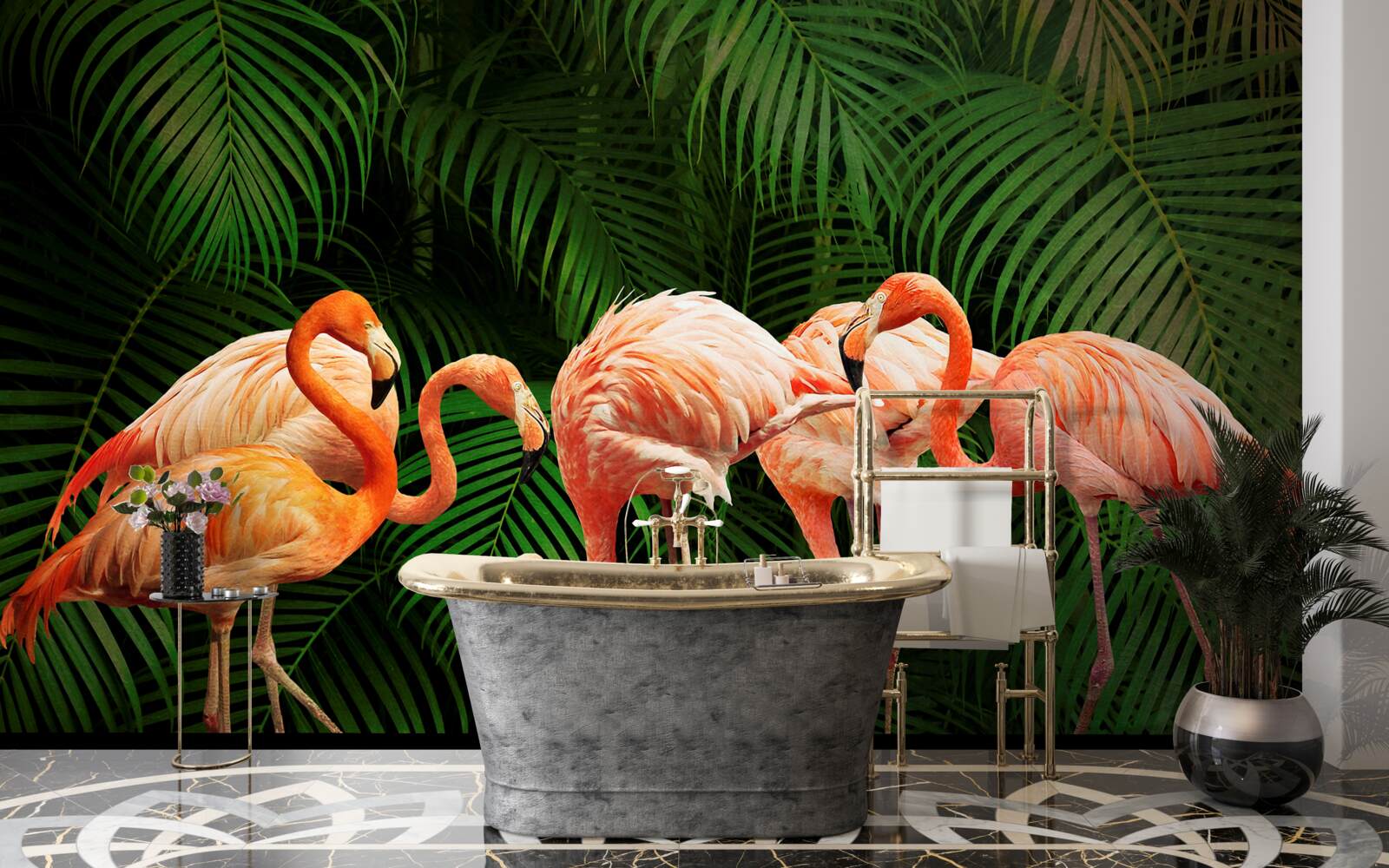 Fotobehang roze flamingo's in een bos met groene bomen