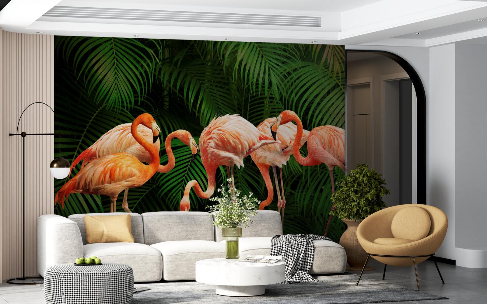 Fotobehang roze flamingo's in een bos met groene bomen