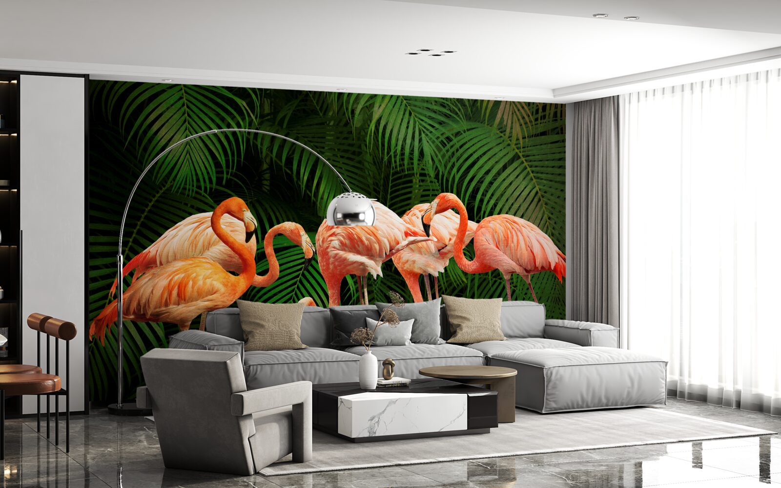Fotobehang roze flamingo's in een bos met groene bomen