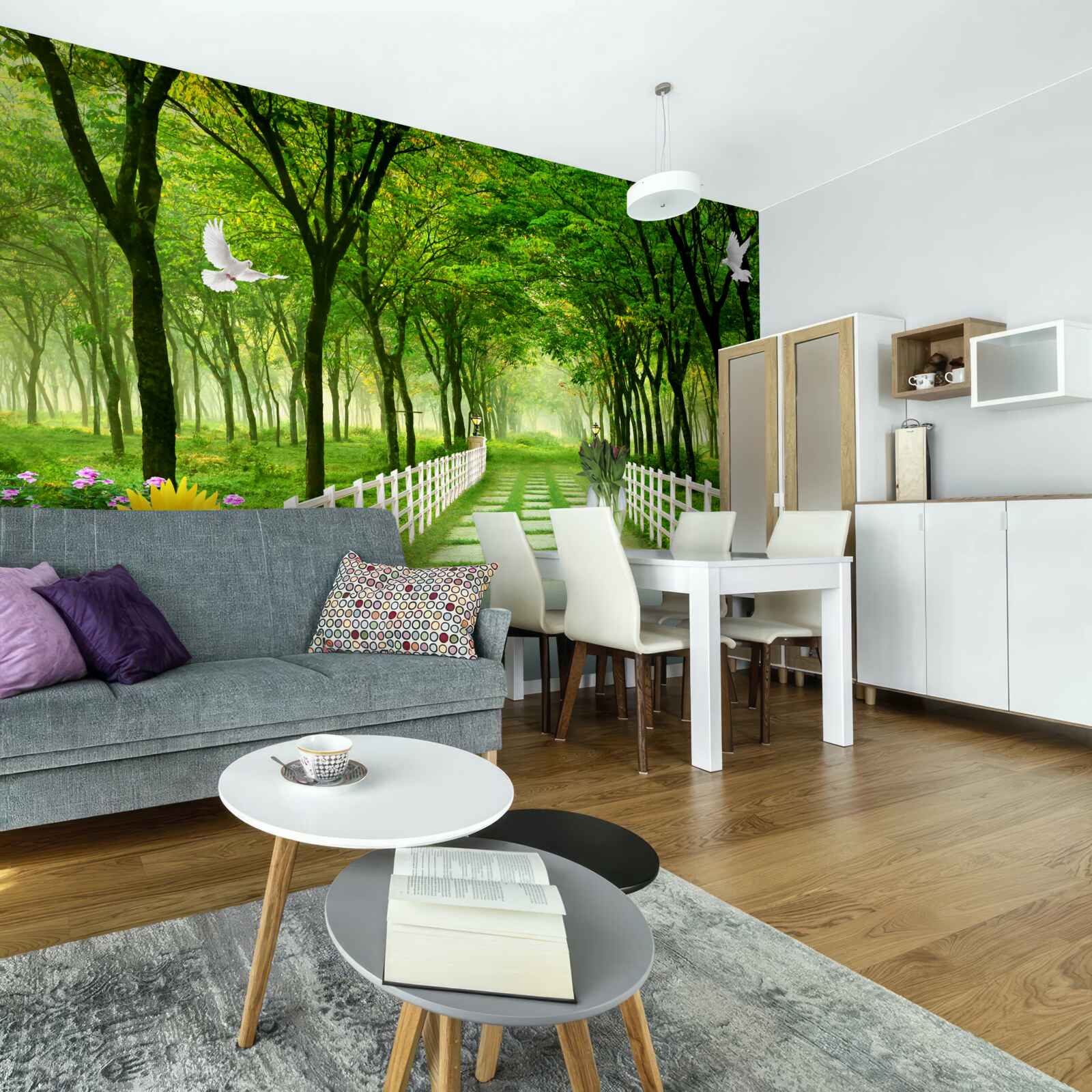 Fotobehang weelderig groen bos en een pad bezaaid met bloemen