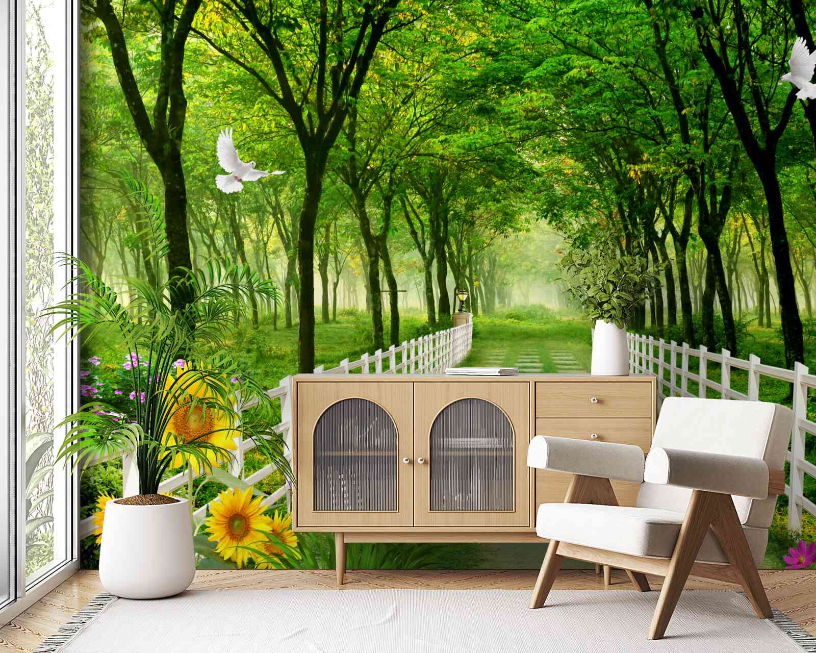 Fotobehang weelderig groen bos en een pad bezaaid met bloemen