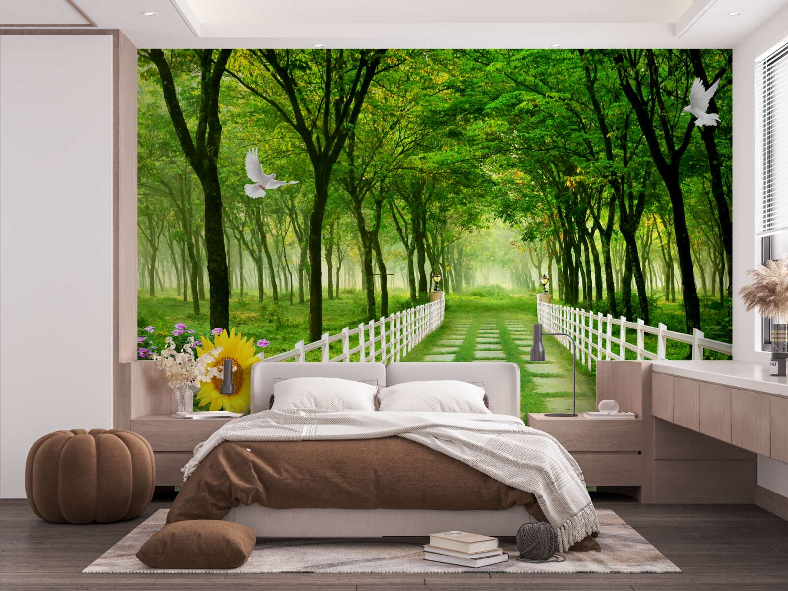 Fotobehang weelderig groen bos en een pad bezaaid met bloemen