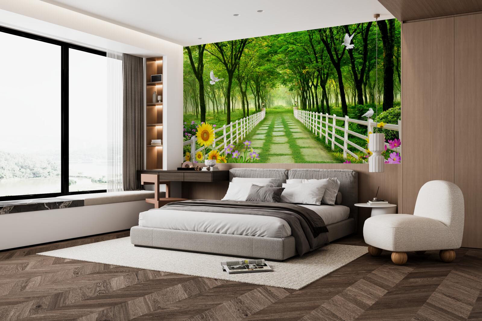 Fotobehang weelderig groen bos en een pad bezaaid met bloemen