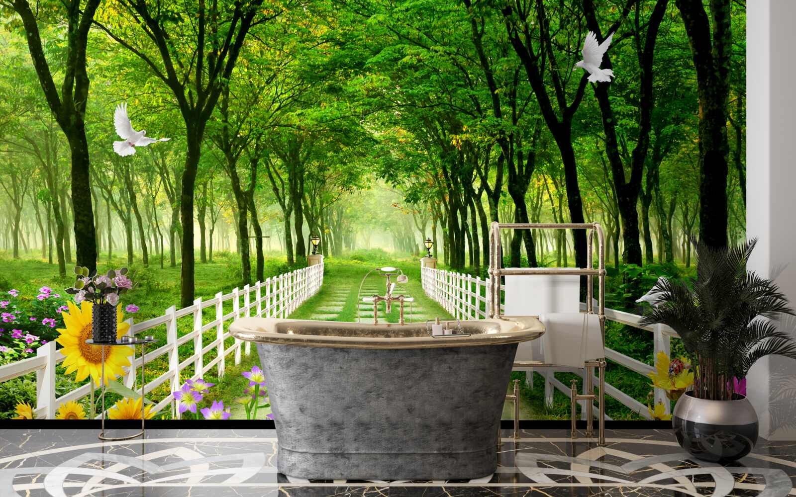 Fotobehang weelderig groen bos en een pad bezaaid met bloemen