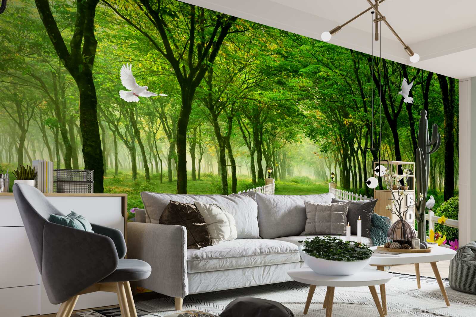 Fotobehang weelderig groen bos en een pad bezaaid met bloemen