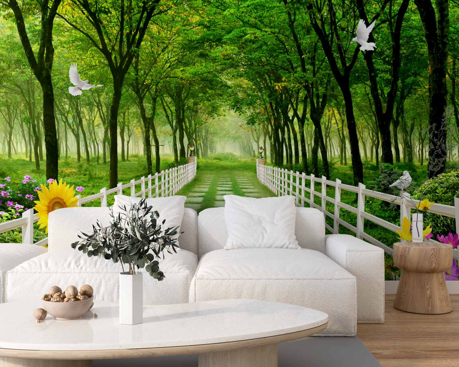 Fotobehang weelderig groen bos en een pad bezaaid met bloemen