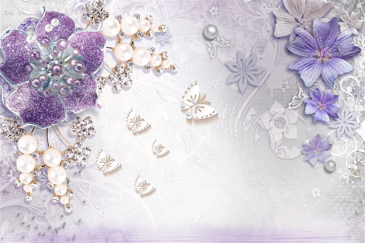 Fotobehang gouden orchidee met violet en parelmoer elementen