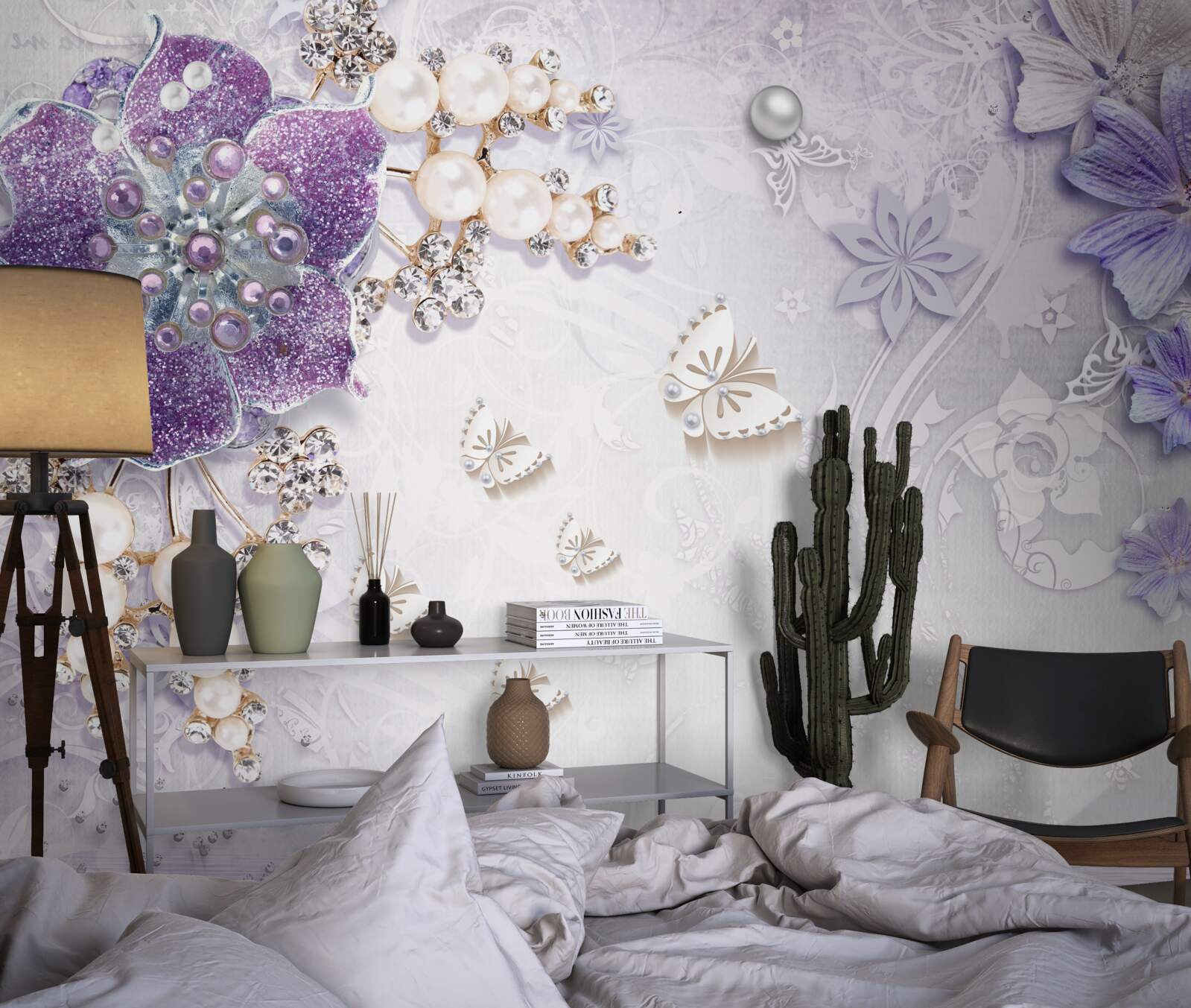 Fotobehang gouden orchidee met violet en parelmoer elementen