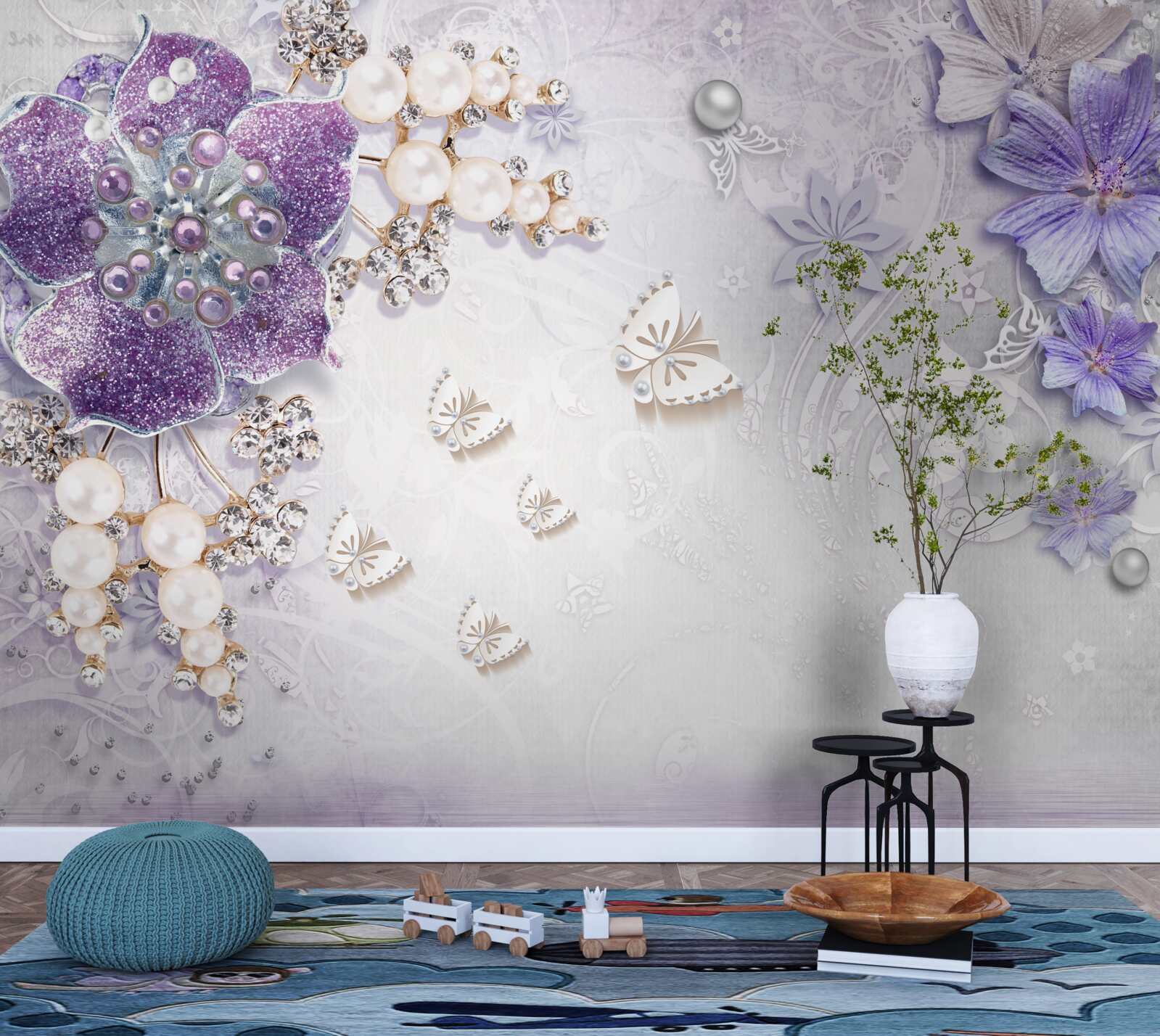 Fotobehang gouden orchidee met violet en parelmoer elementen