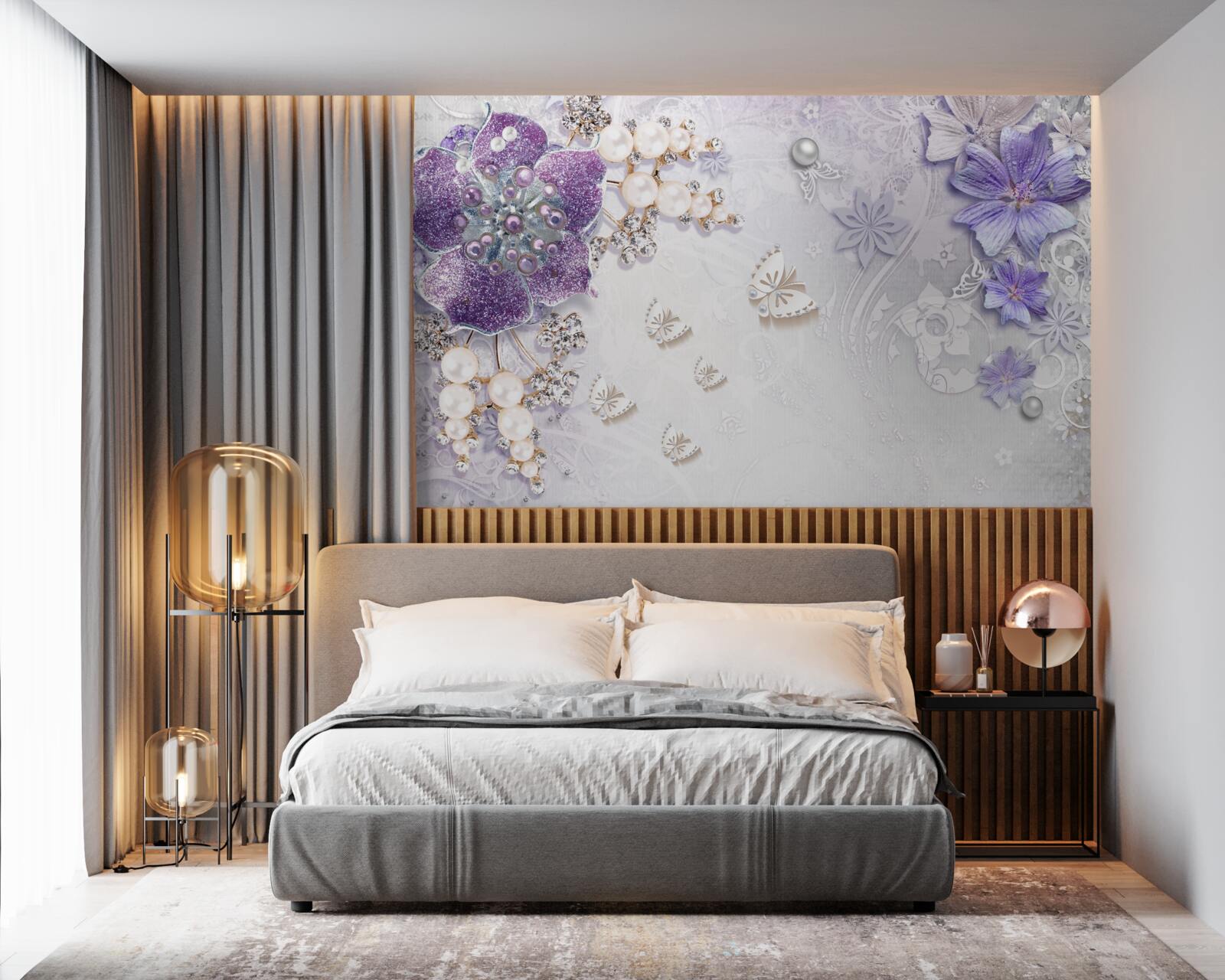 Fotobehang gouden orchidee met violet en parelmoer elementen