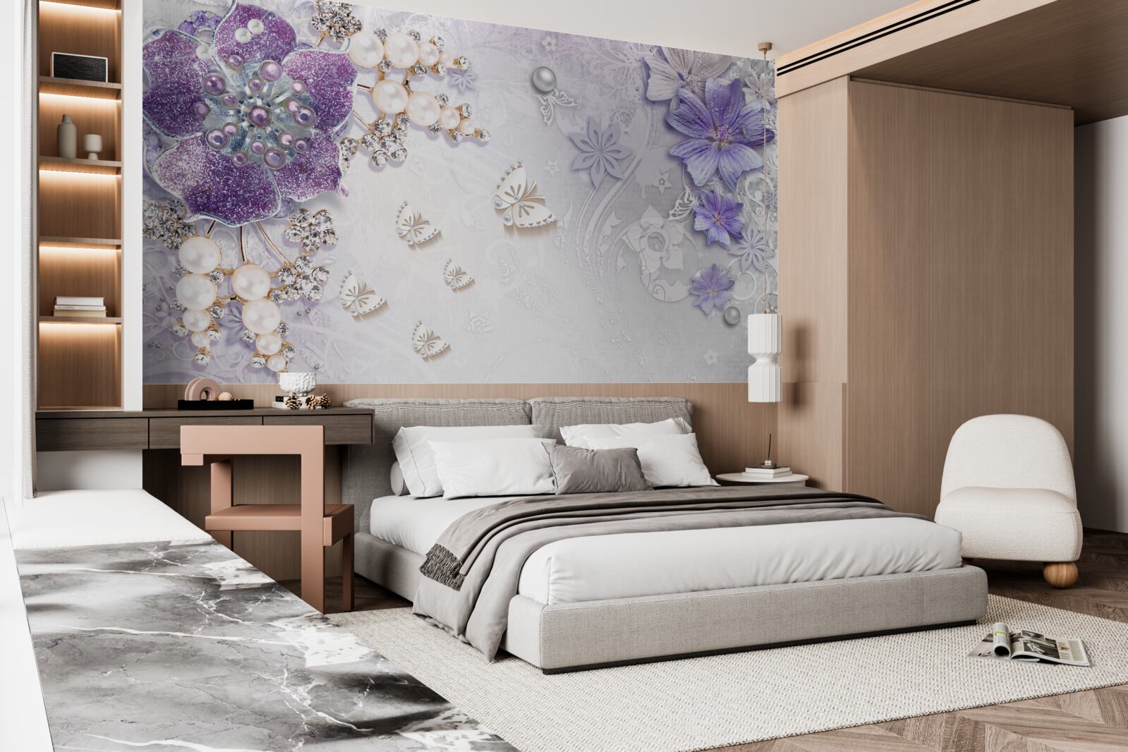 Fotobehang gouden orchidee met violet en parelmoer elementen