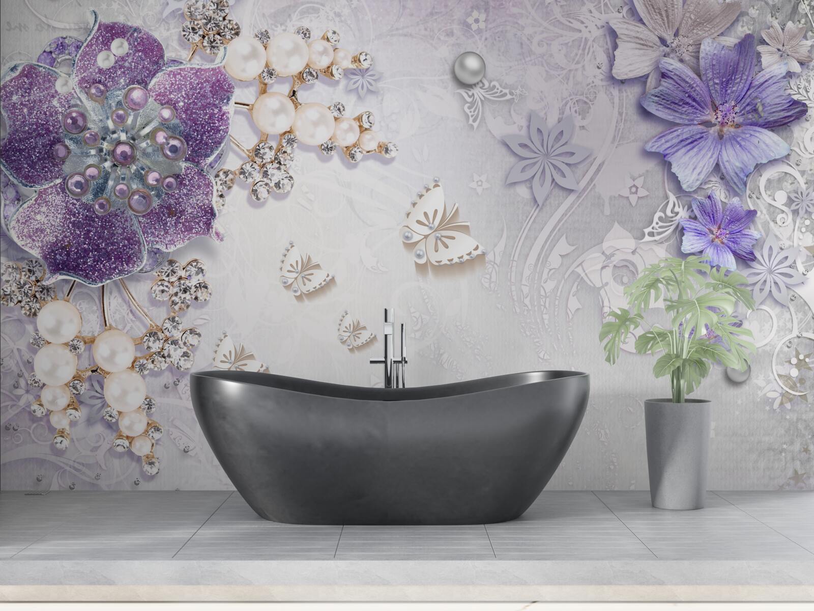 Fotobehang gouden orchidee met violet en parelmoer elementen