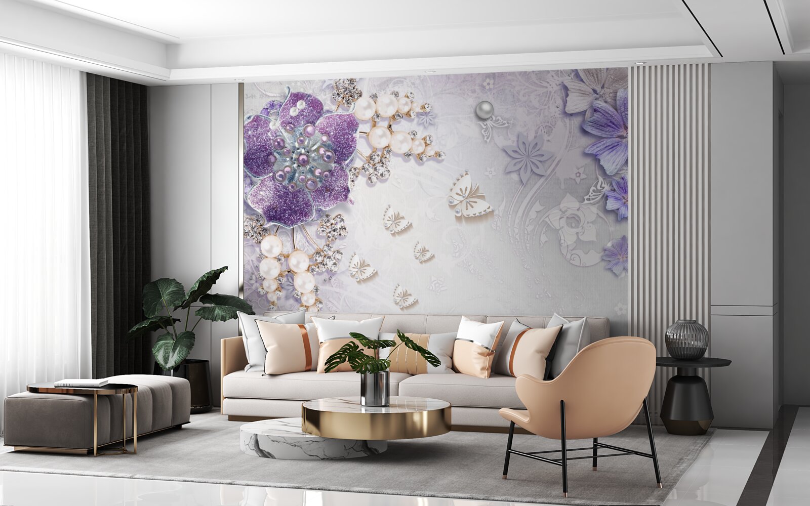 Fotobehang gouden orchidee met violet en parelmoer elementen