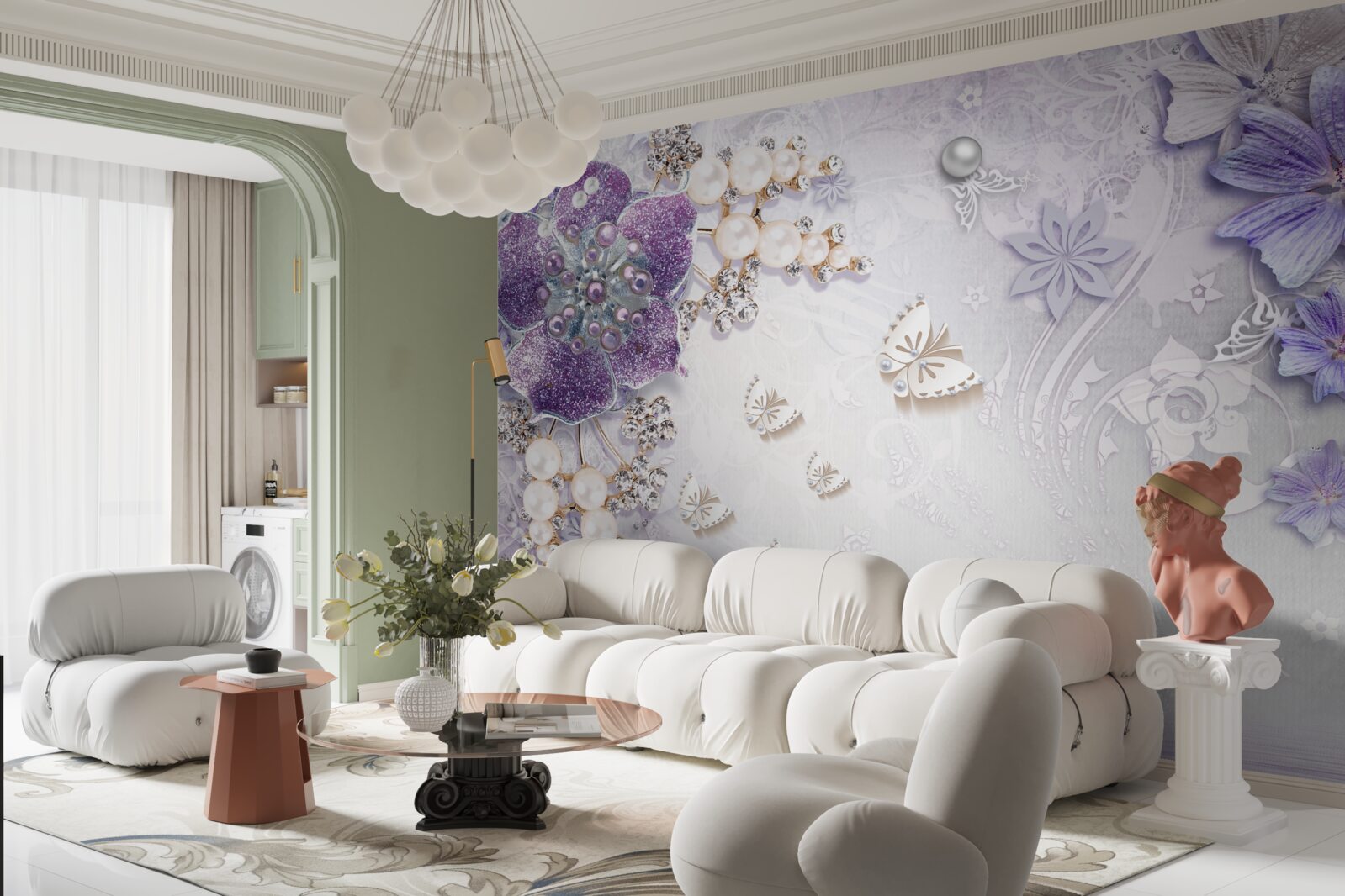 Fotobehang gouden orchidee met violet en parelmoer elementen