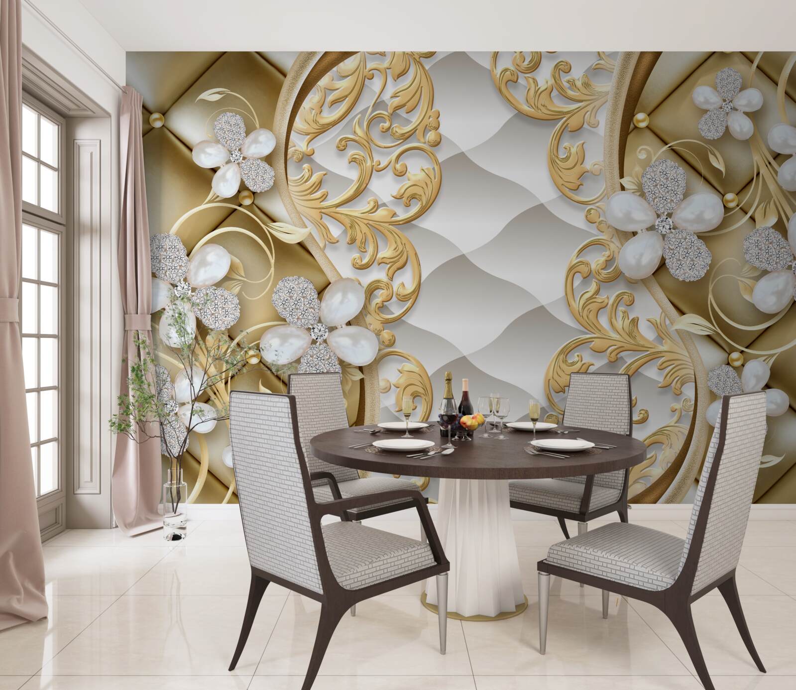 Fotobehang juwelen en metaal in bloemmotieven