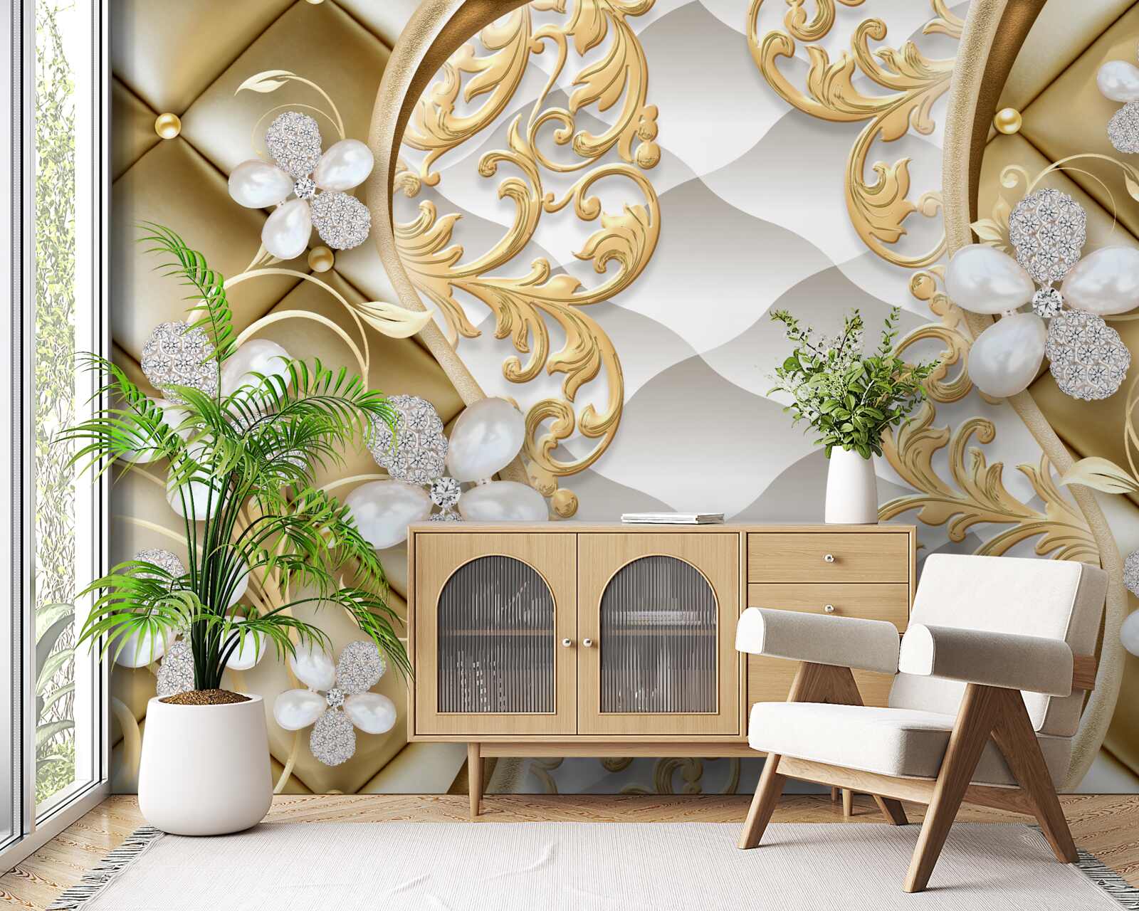 Fotobehang juwelen en metaal in bloemmotieven