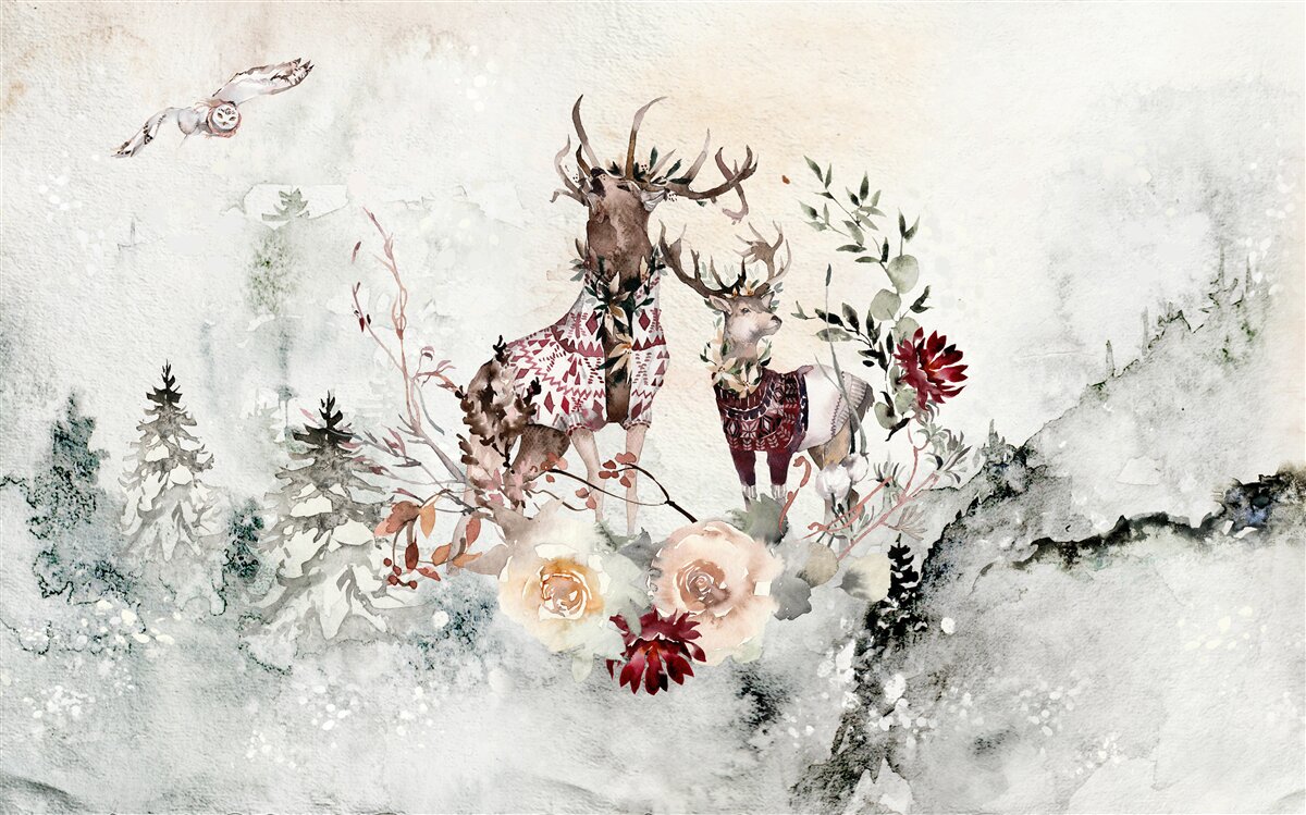 Fotobehang er zijn prachtige herten in het mistige bos