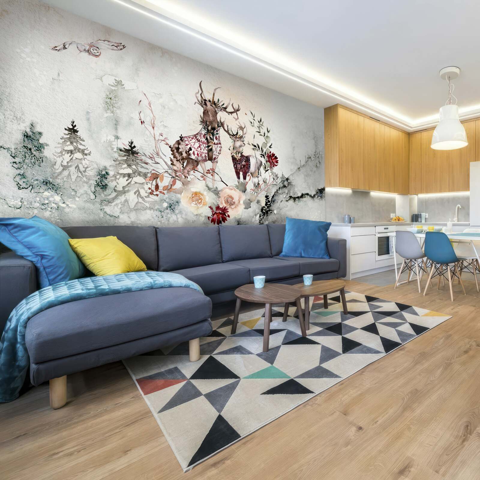 Fotobehang er zijn prachtige herten in het mistige bos