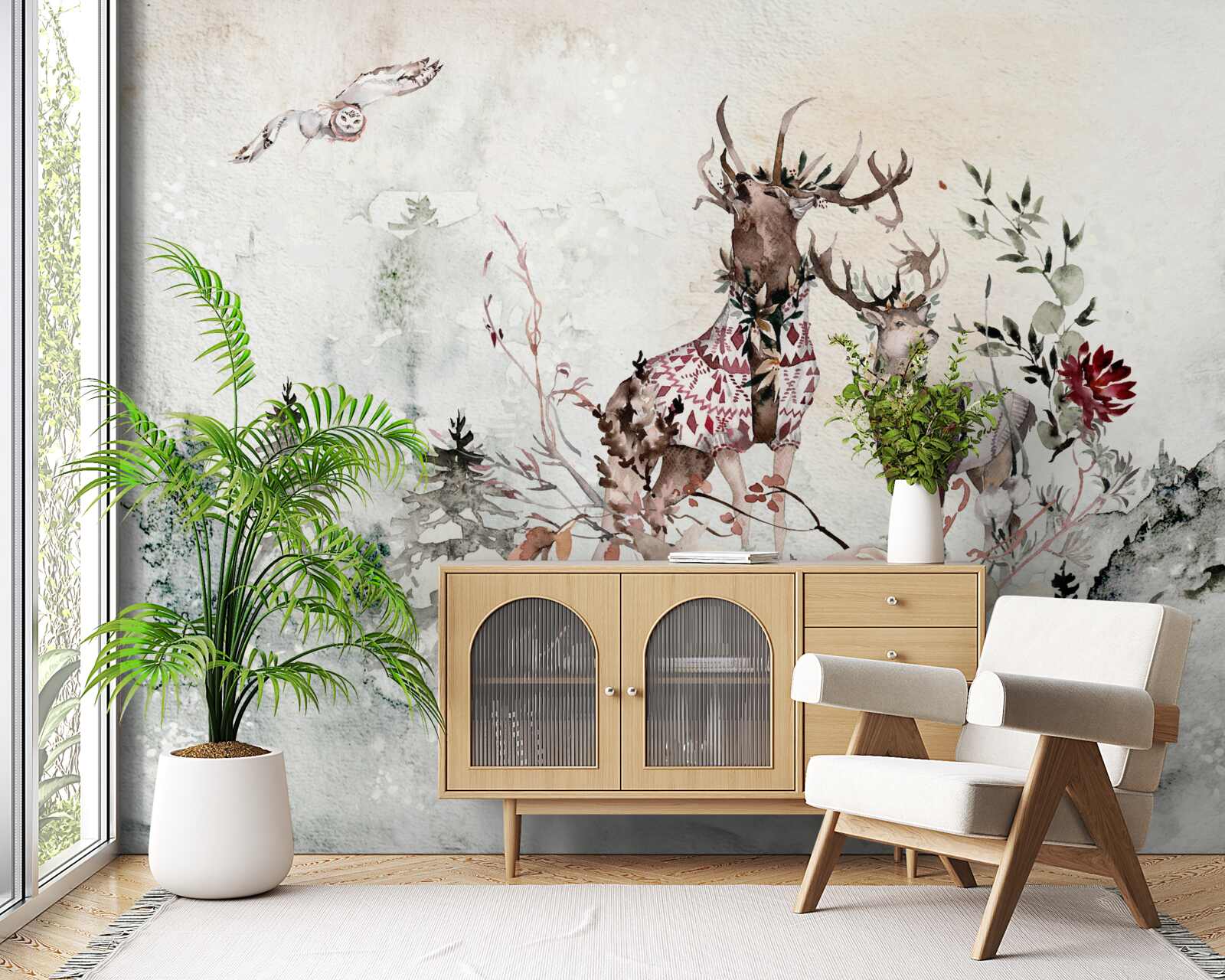 Fotobehang er zijn prachtige herten in het mistige bos