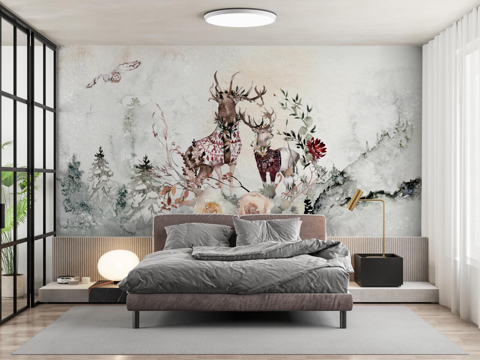 Fotobehang er zijn prachtige herten in het mistige bos