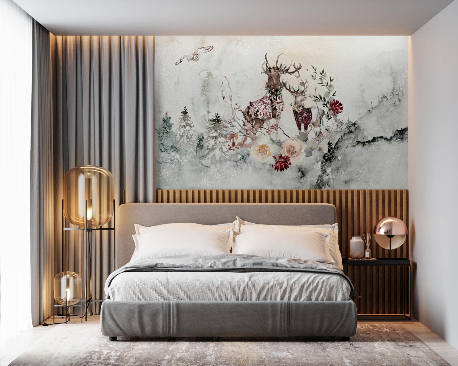 Fotobehang er zijn prachtige herten in het mistige bos