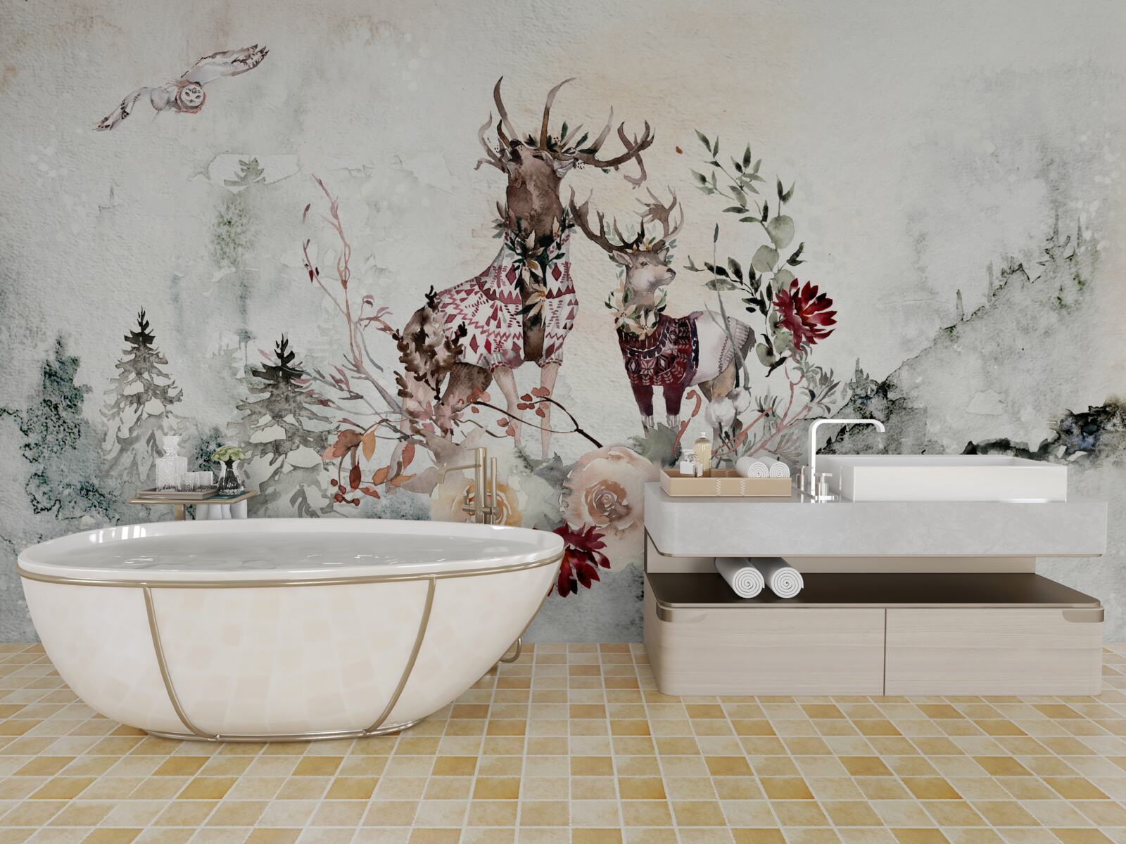 Fotobehang er zijn prachtige herten in het mistige bos