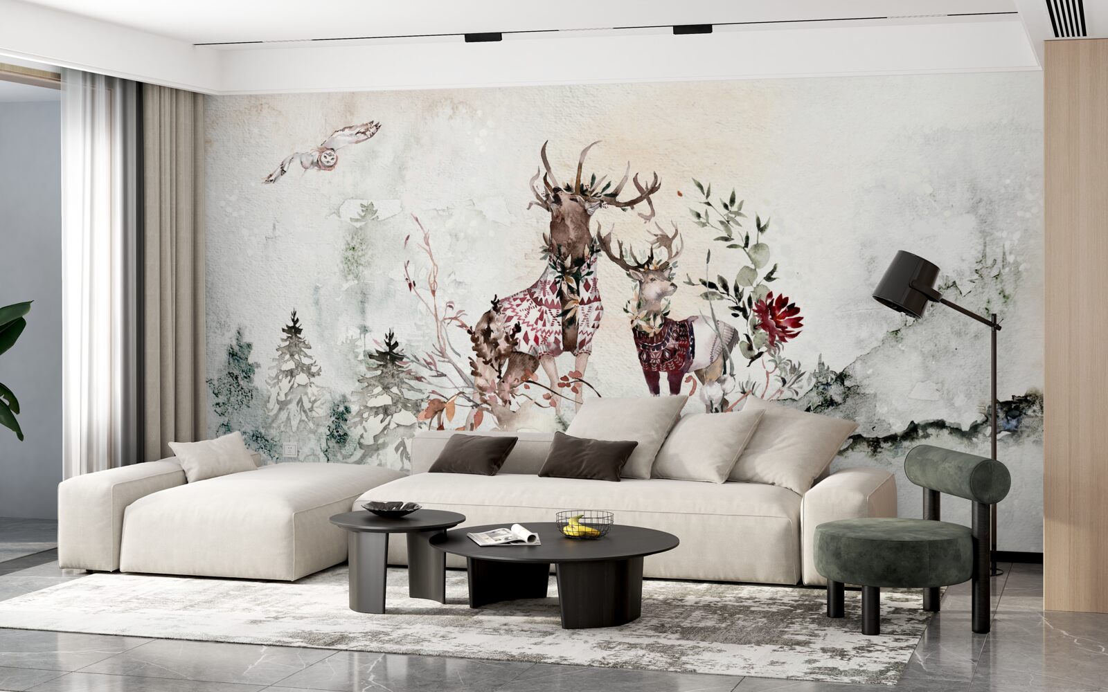 Fotobehang er zijn prachtige herten in het mistige bos