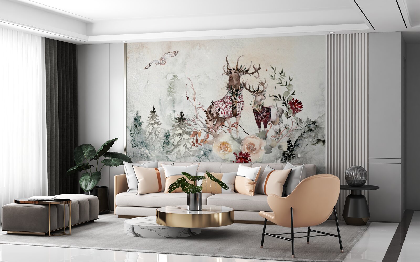 Fotobehang er zijn prachtige herten in het mistige bos