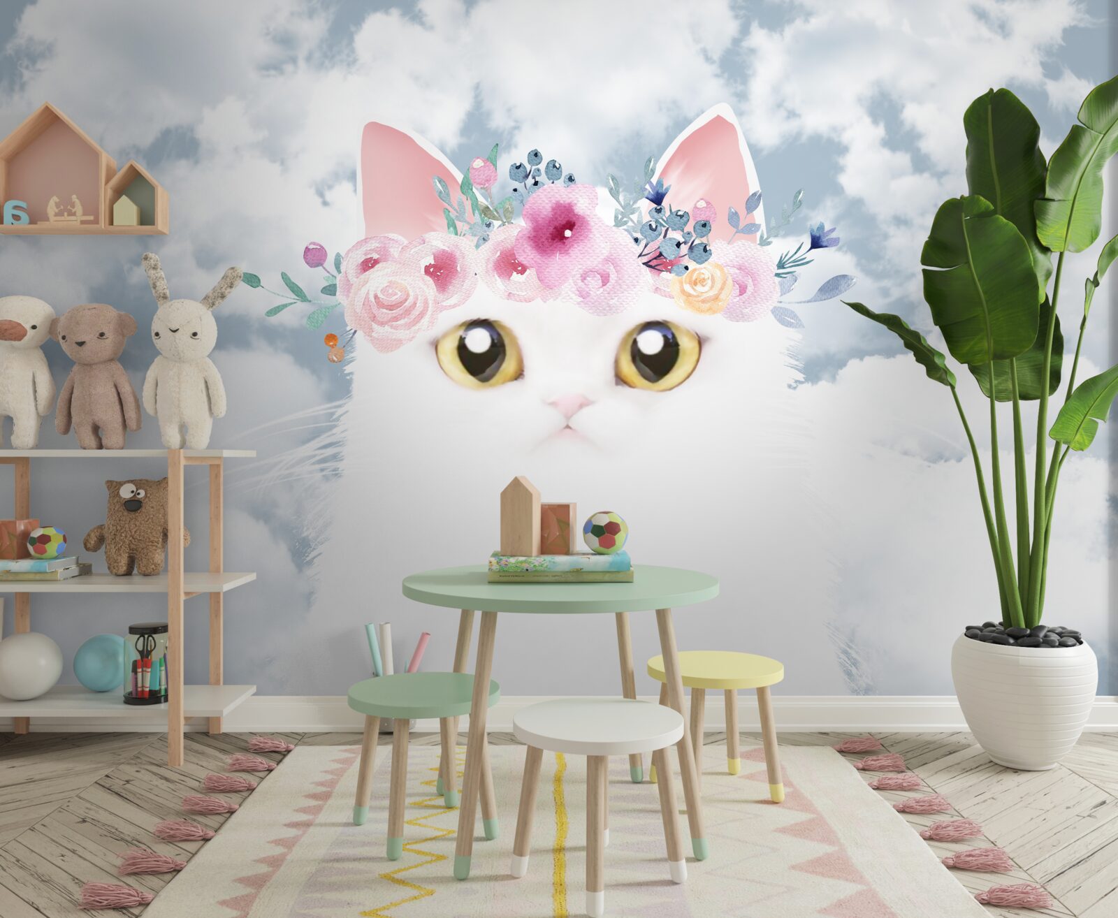 Fotobehang kat tussen bloemen tegen een lucht met wolken