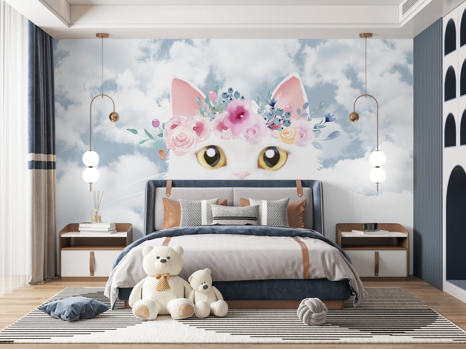 Fotobehang kat tussen bloemen tegen een lucht met wolken