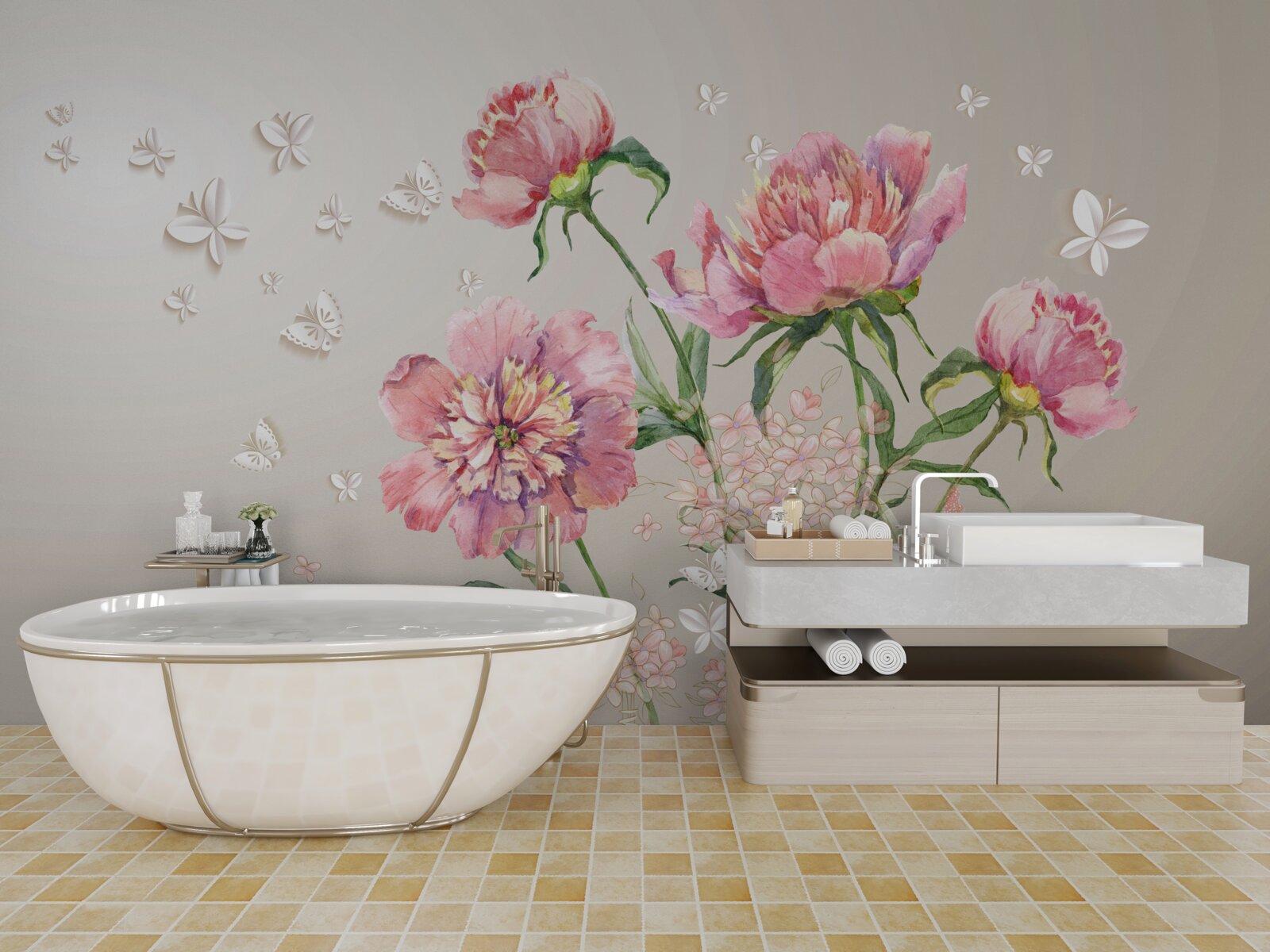 Fotobehang tere lentebloemen in delicate roze tinten