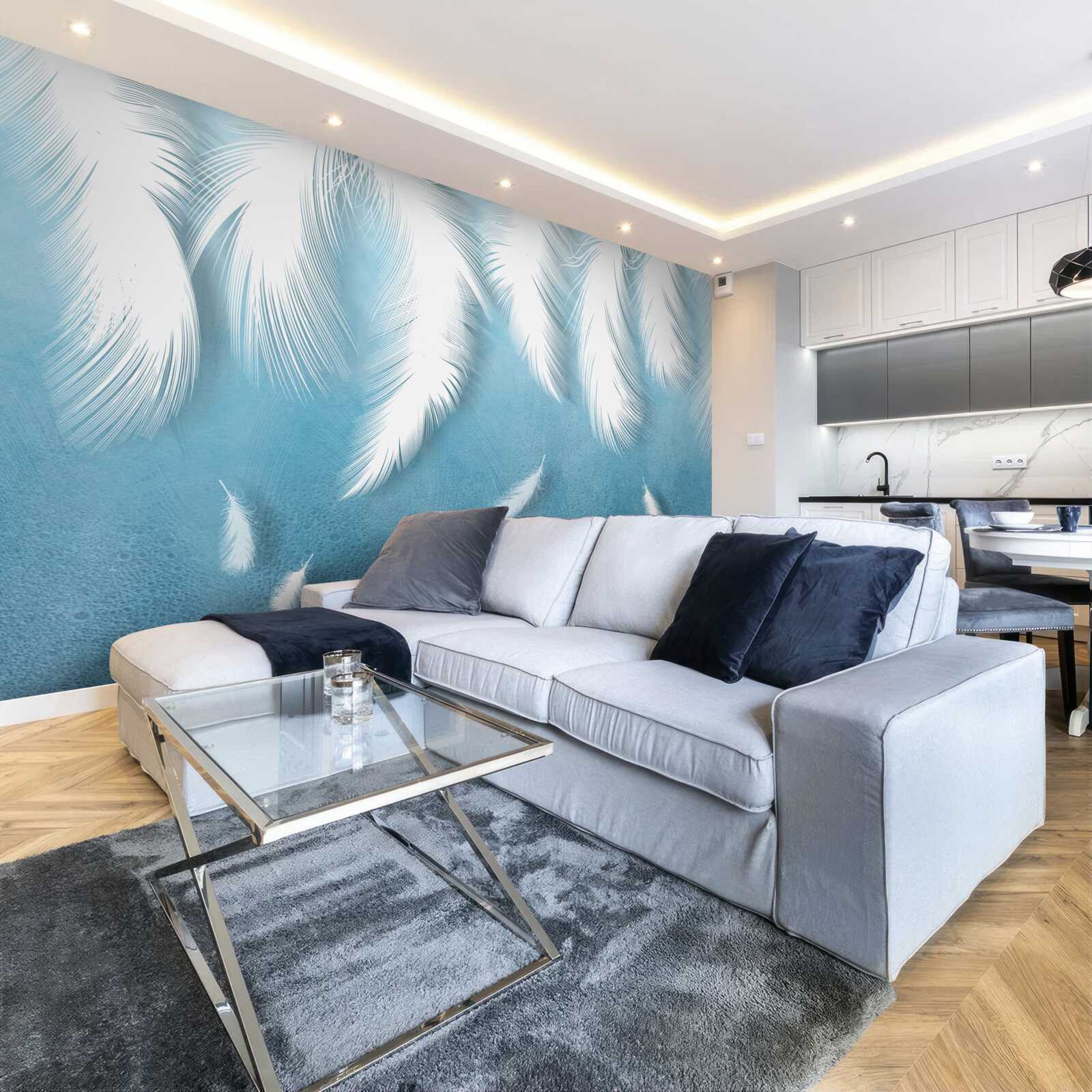 Fotobehang witte veren vallen in de blauwe lucht