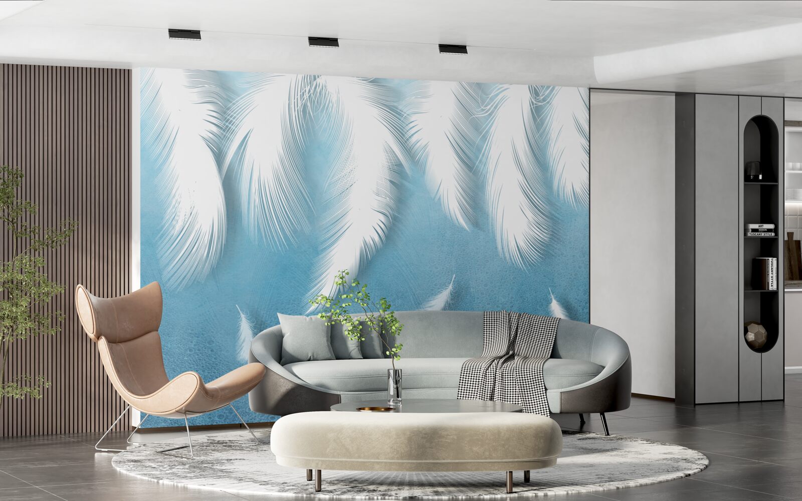 Fotobehang witte veren vallen in de blauwe lucht