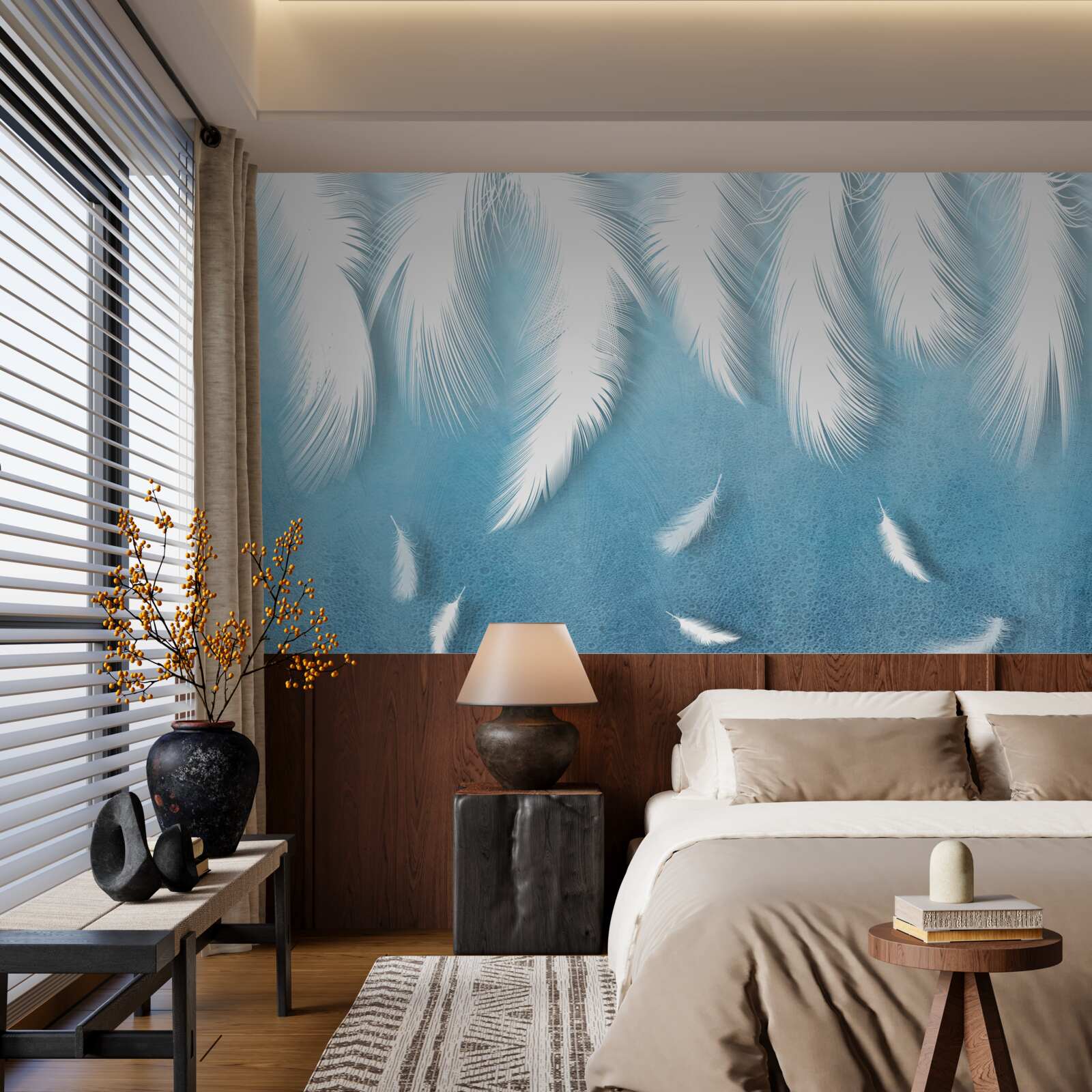 Fotobehang witte veren vallen in de blauwe lucht