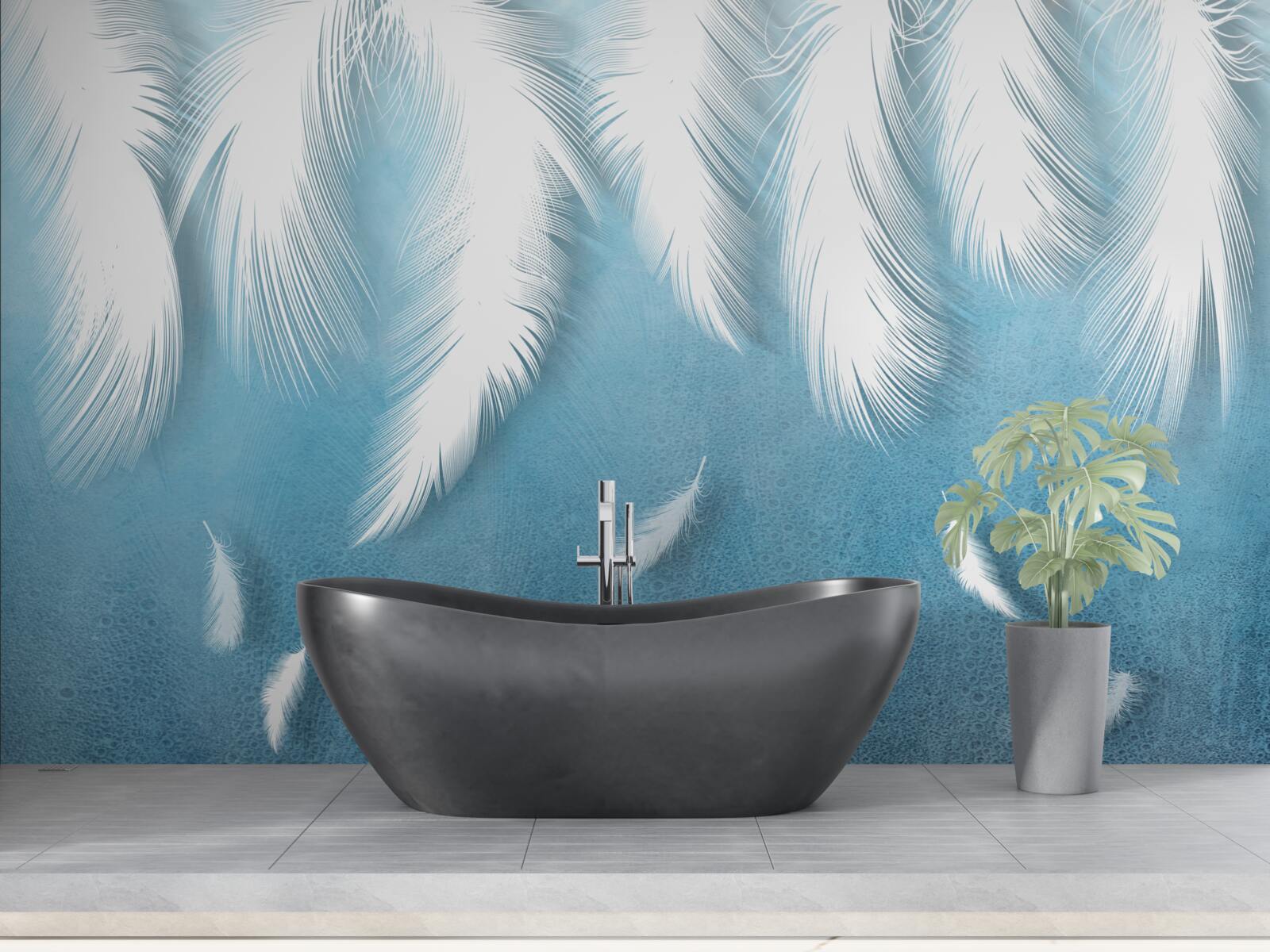 Fotobehang witte veren vallen in de blauwe lucht