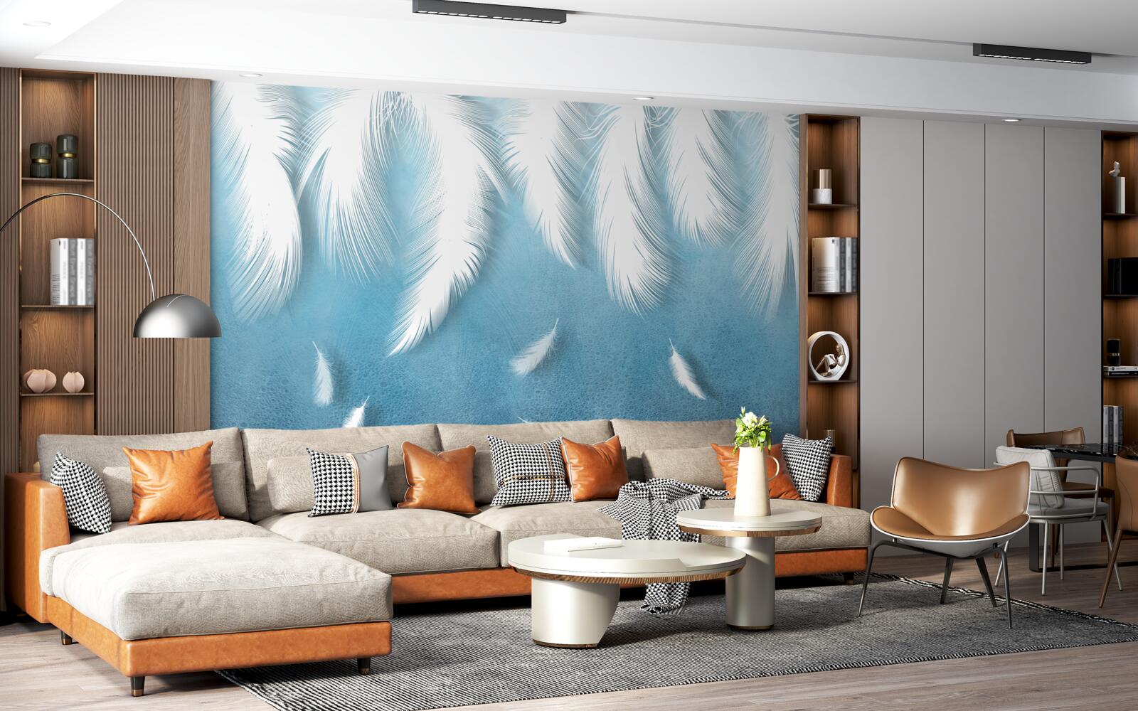 Fotobehang witte veren vallen in de blauwe lucht