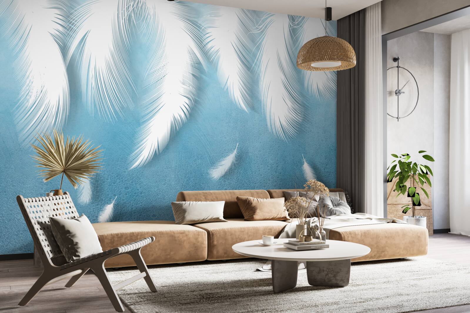 Fotobehang witte veren vallen in de blauwe lucht