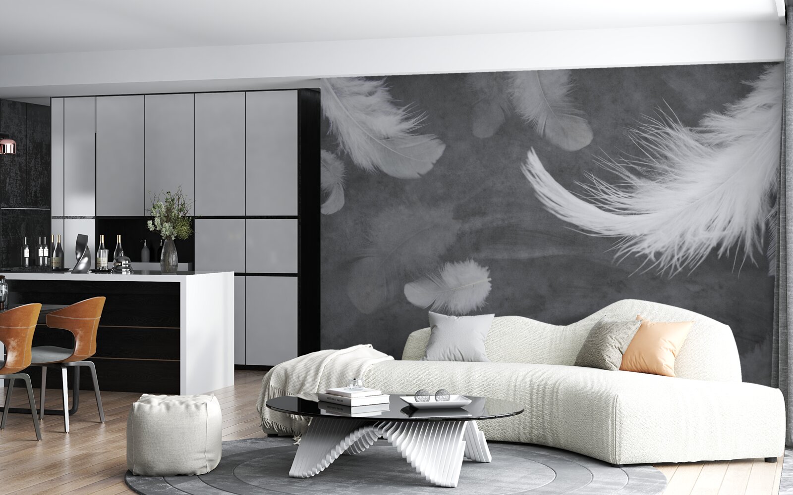 Fotobehang Sneeuwwitte veren, dicht verspreid op een grijze achtergrond