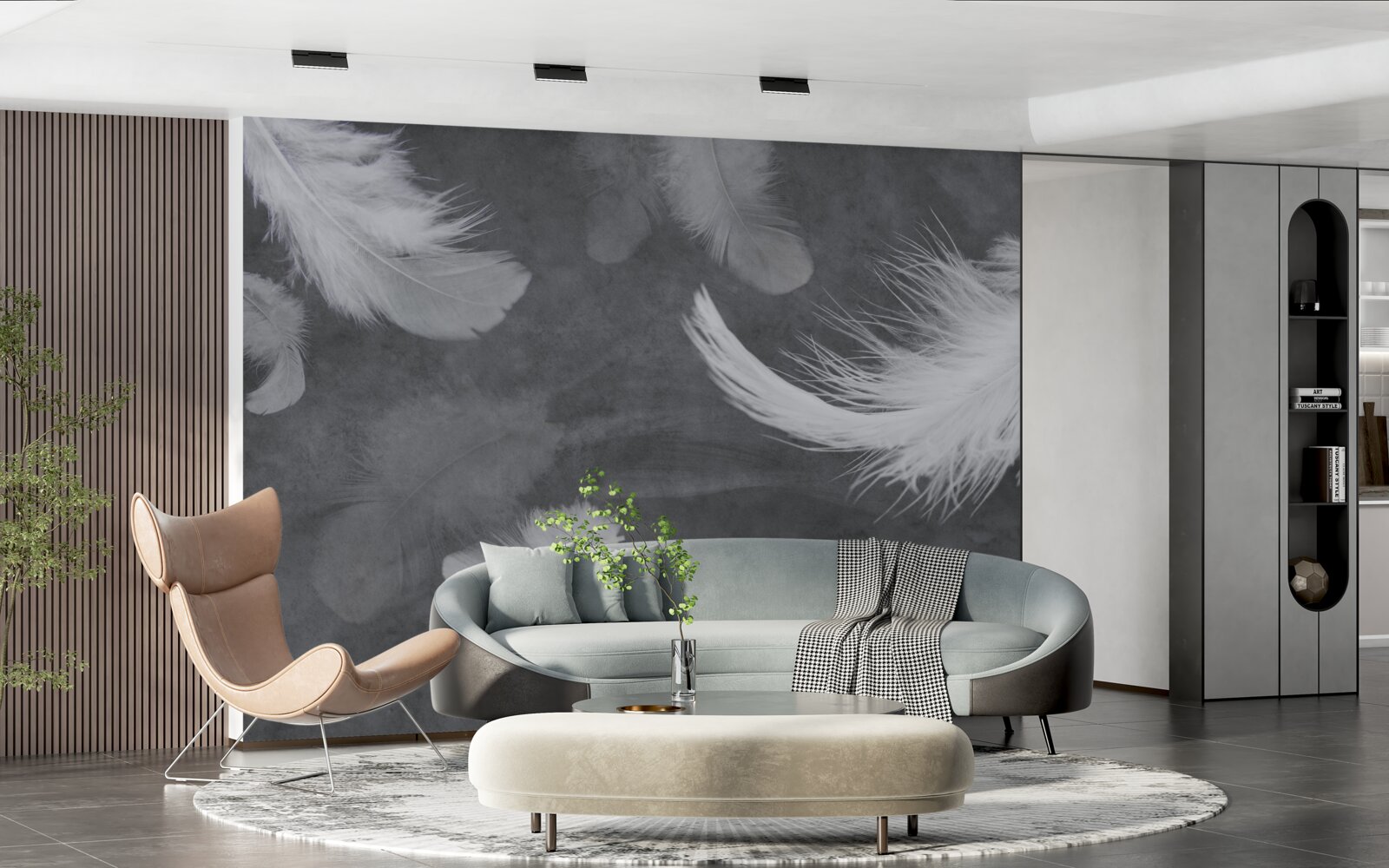 Fotobehang Sneeuwwitte veren, dicht verspreid op een grijze achtergrond