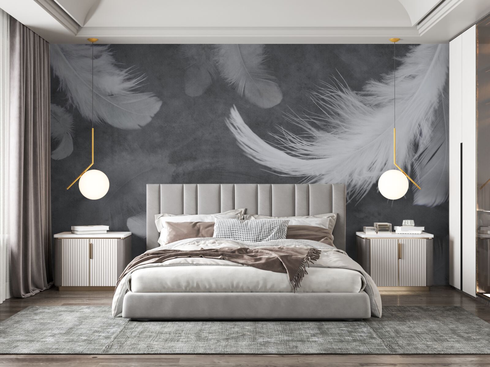 Fotobehang Sneeuwwitte veren, dicht verspreid op een grijze achtergrond