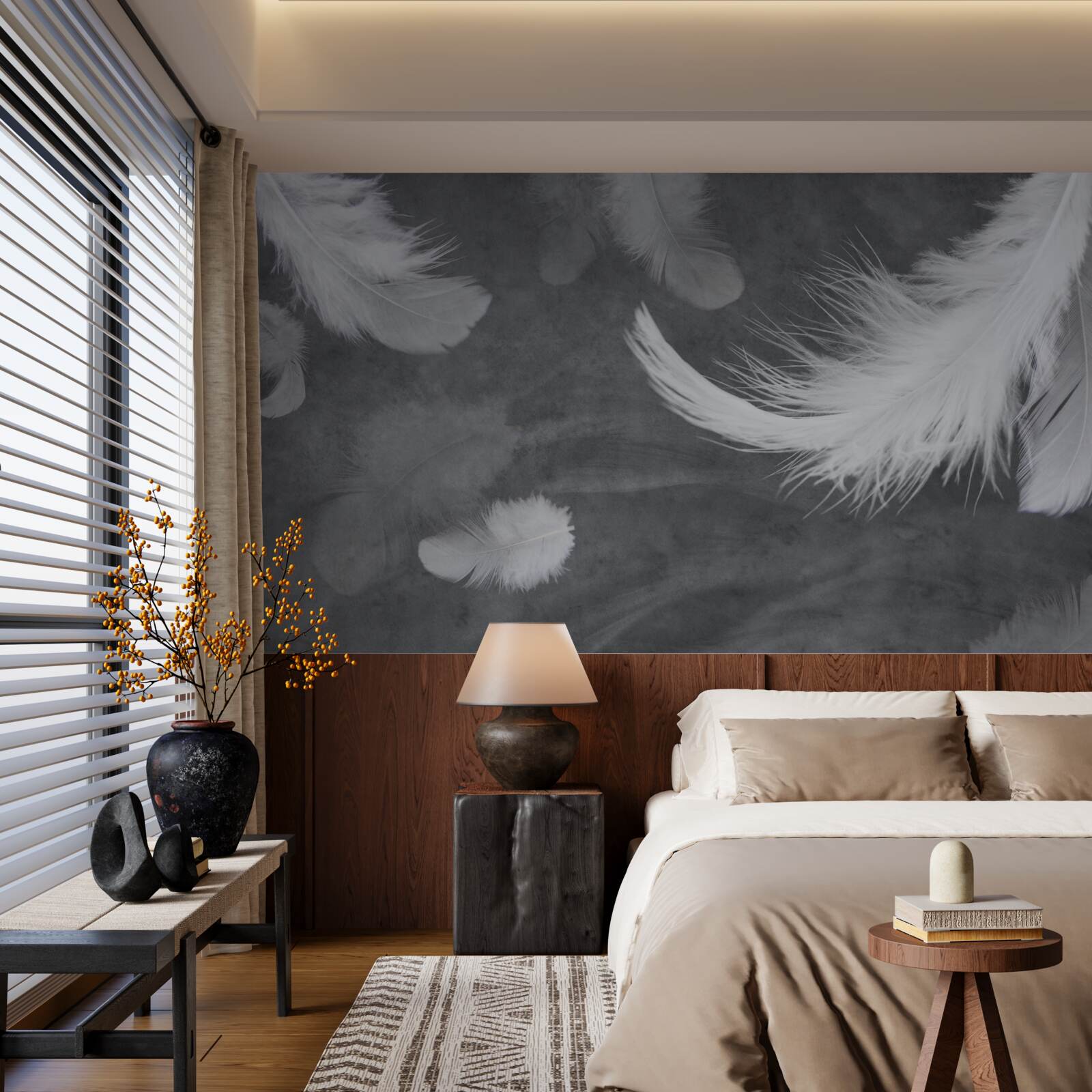 Fotobehang Sneeuwwitte veren, dicht verspreid op een grijze achtergrond