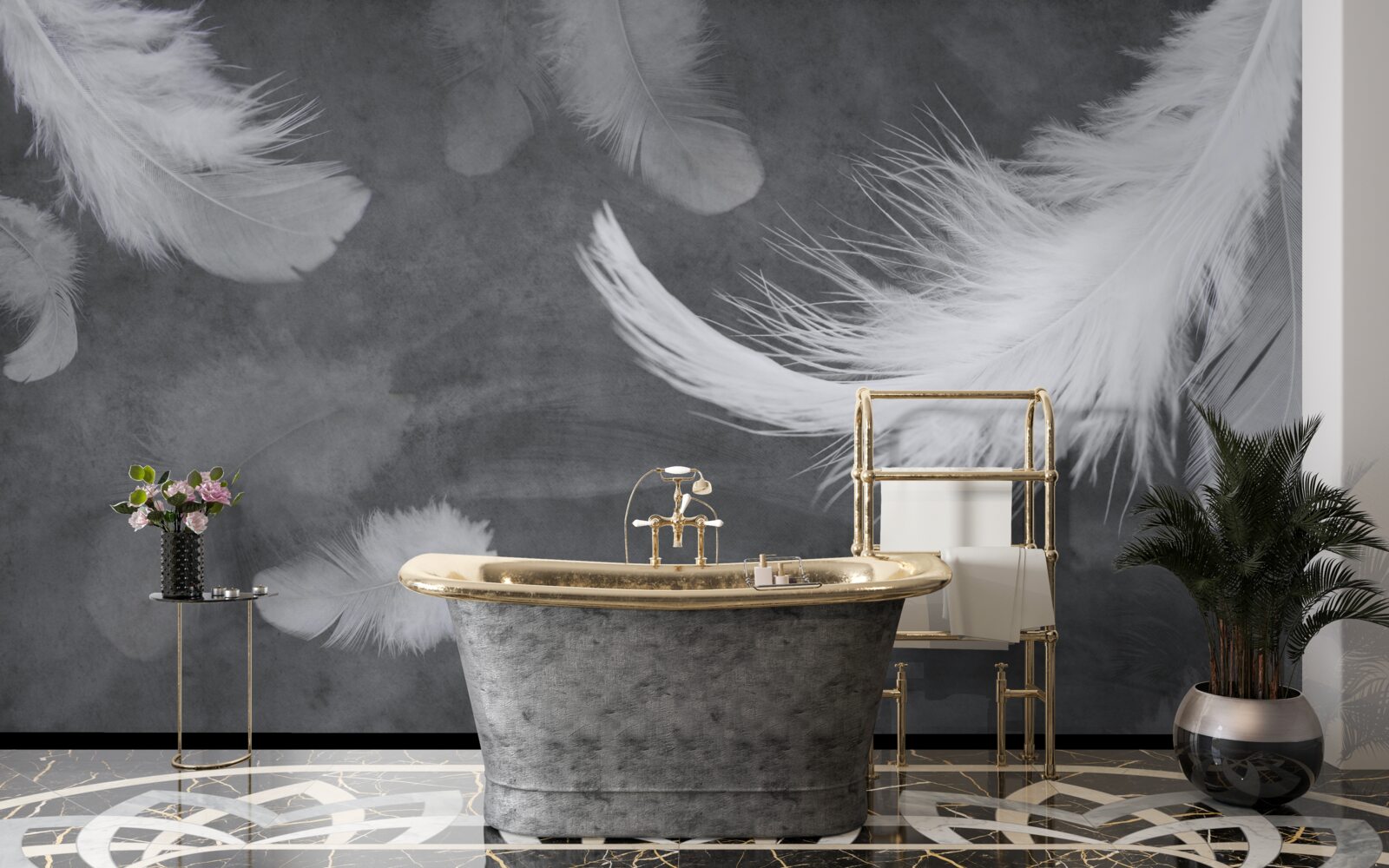 Fotobehang Sneeuwwitte veren, dicht verspreid op een grijze achtergrond