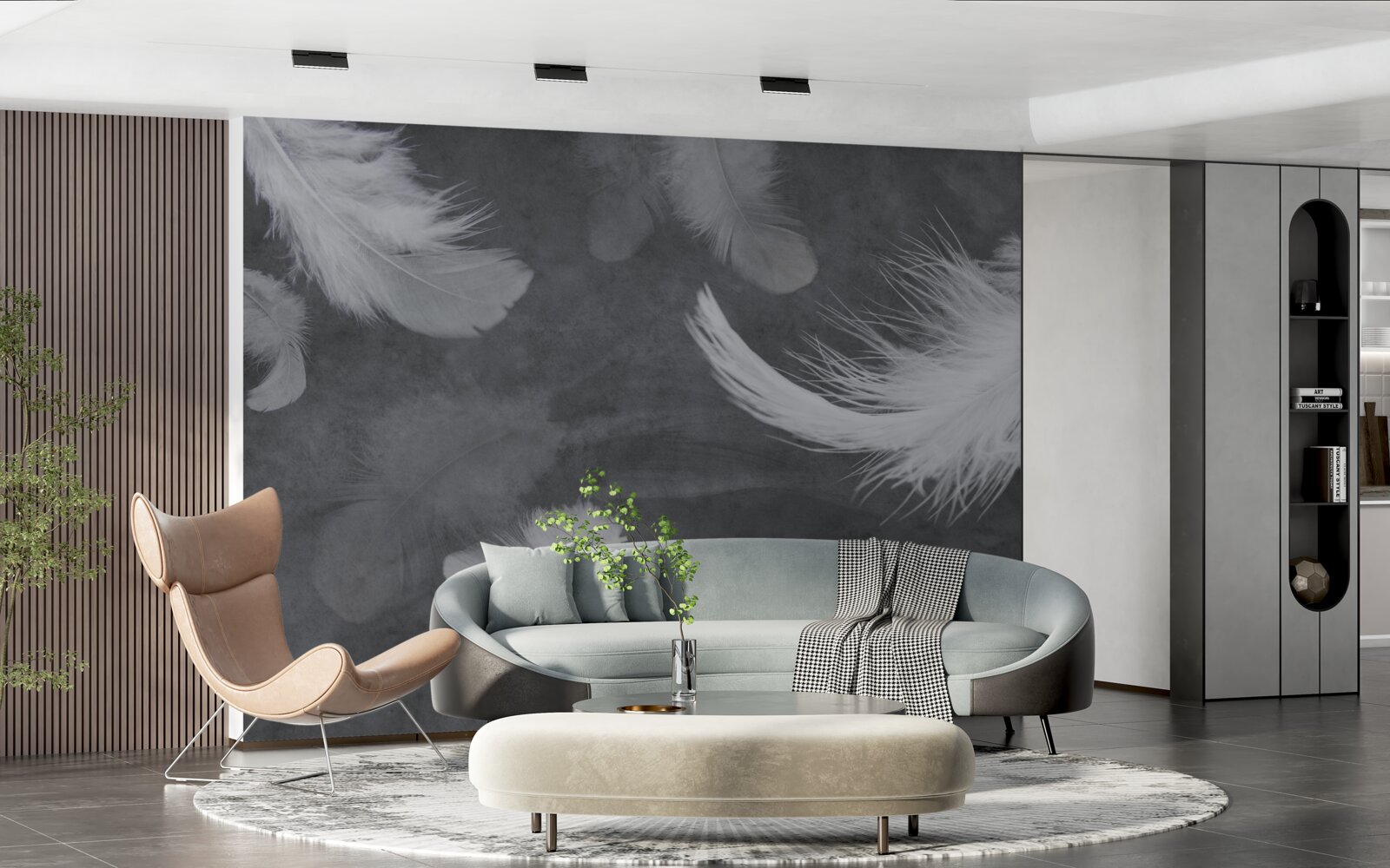 Fotobehang Sneeuwwitte veren, dicht verspreid op een grijze achtergrond