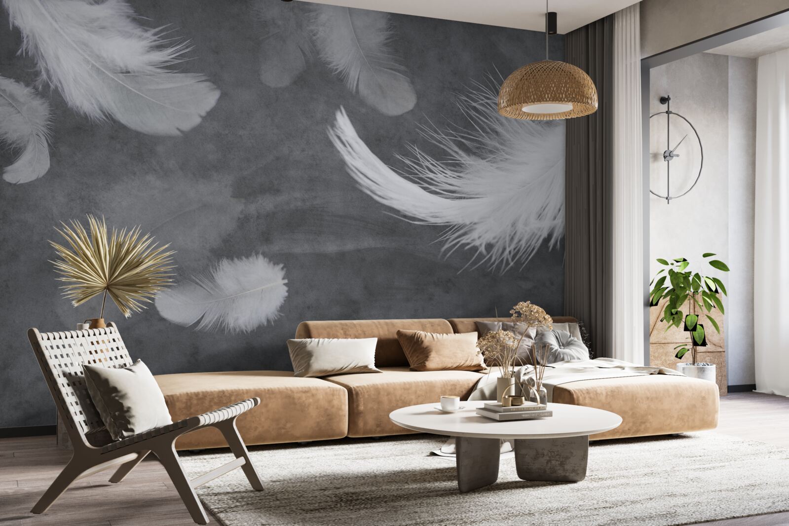 Fotobehang Sneeuwwitte veren, dicht verspreid op een grijze achtergrond