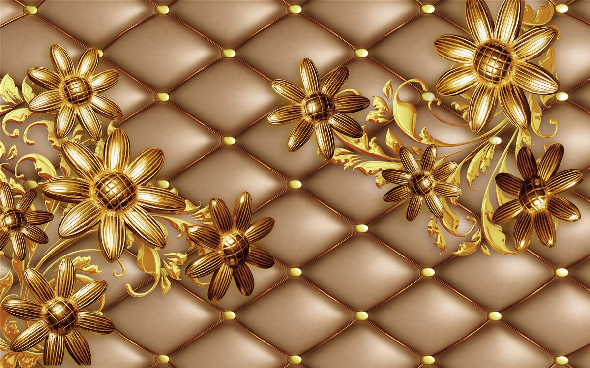 Fotobehang gouden bloemen op stof