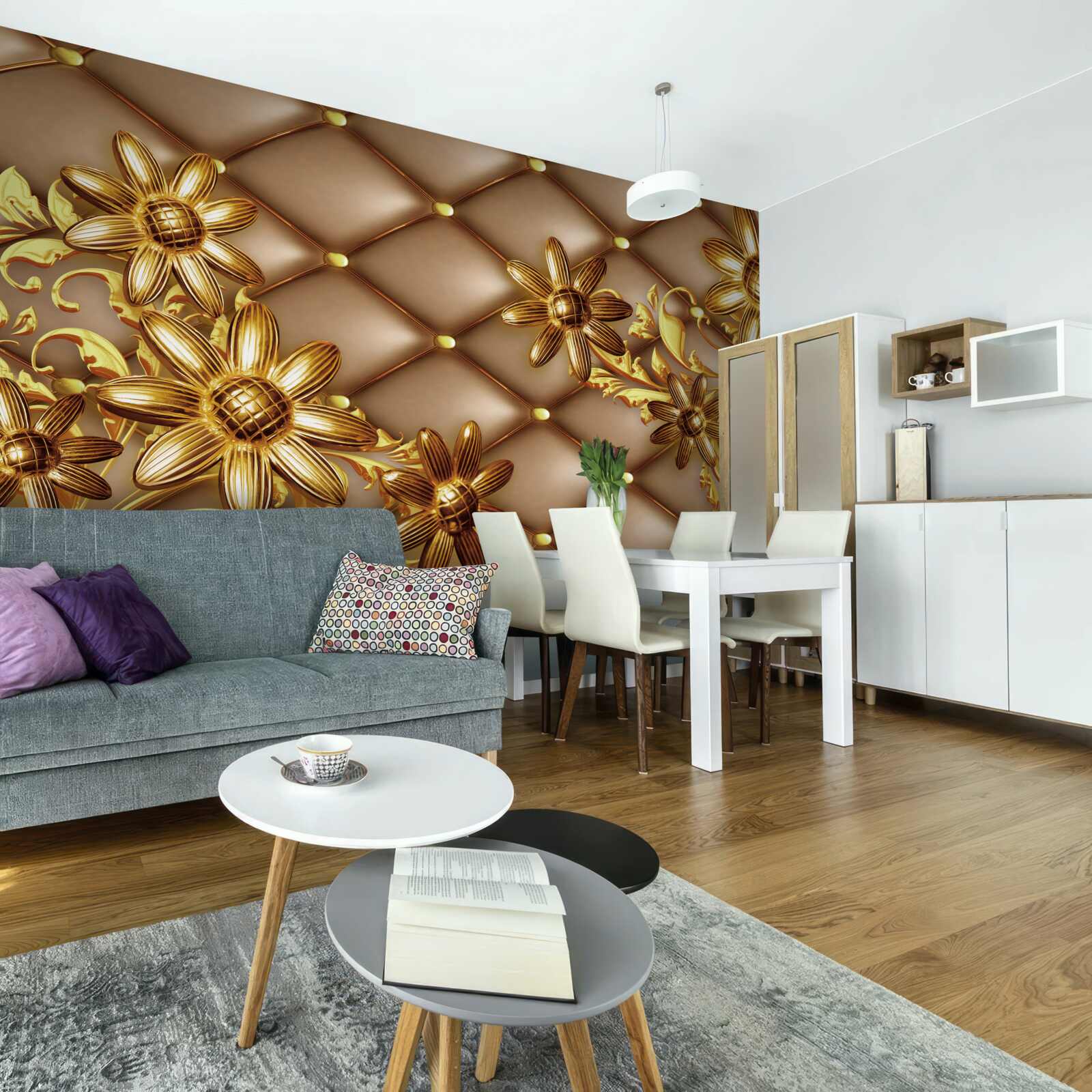 Fotobehang gouden bloemen op stof