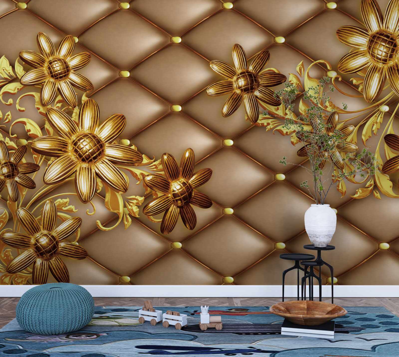 Fotobehang gouden bloemen op stof